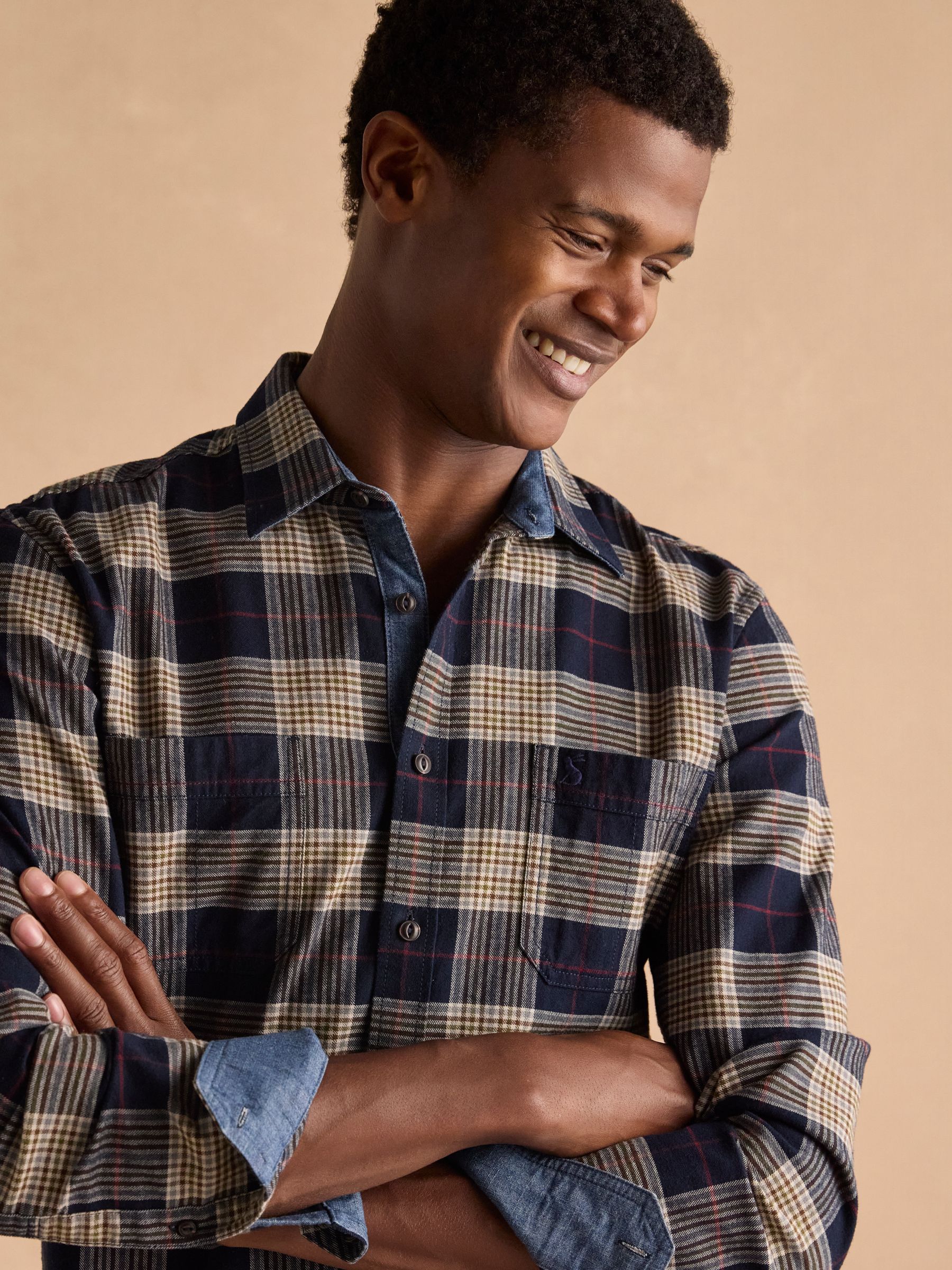 Brushed Flannel Navy Blue Check Classic Fit Shirt - Image 5 of 11