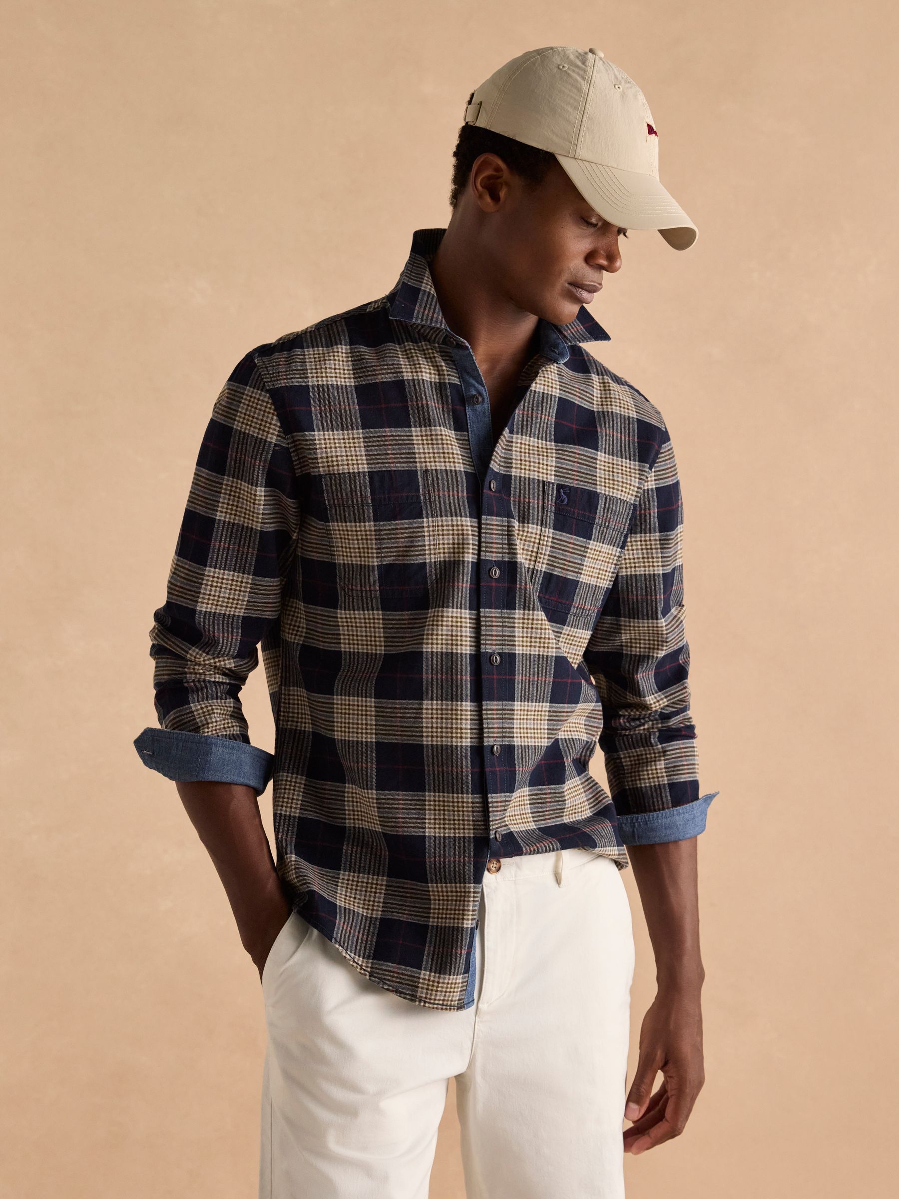 Brushed Flannel Navy Blue Check Classic Fit Shirt - Image 8 of 11