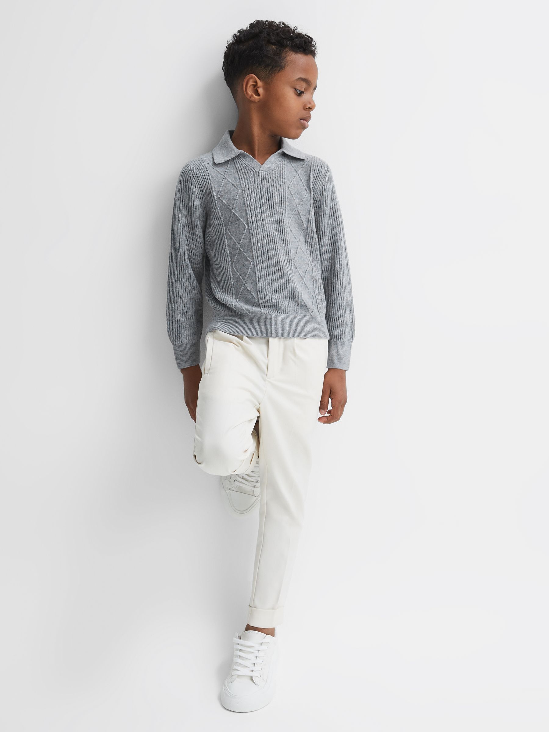9-13 yrs Knitted Open-Collar Top in Soft Grey Melange - Image 1 of 6