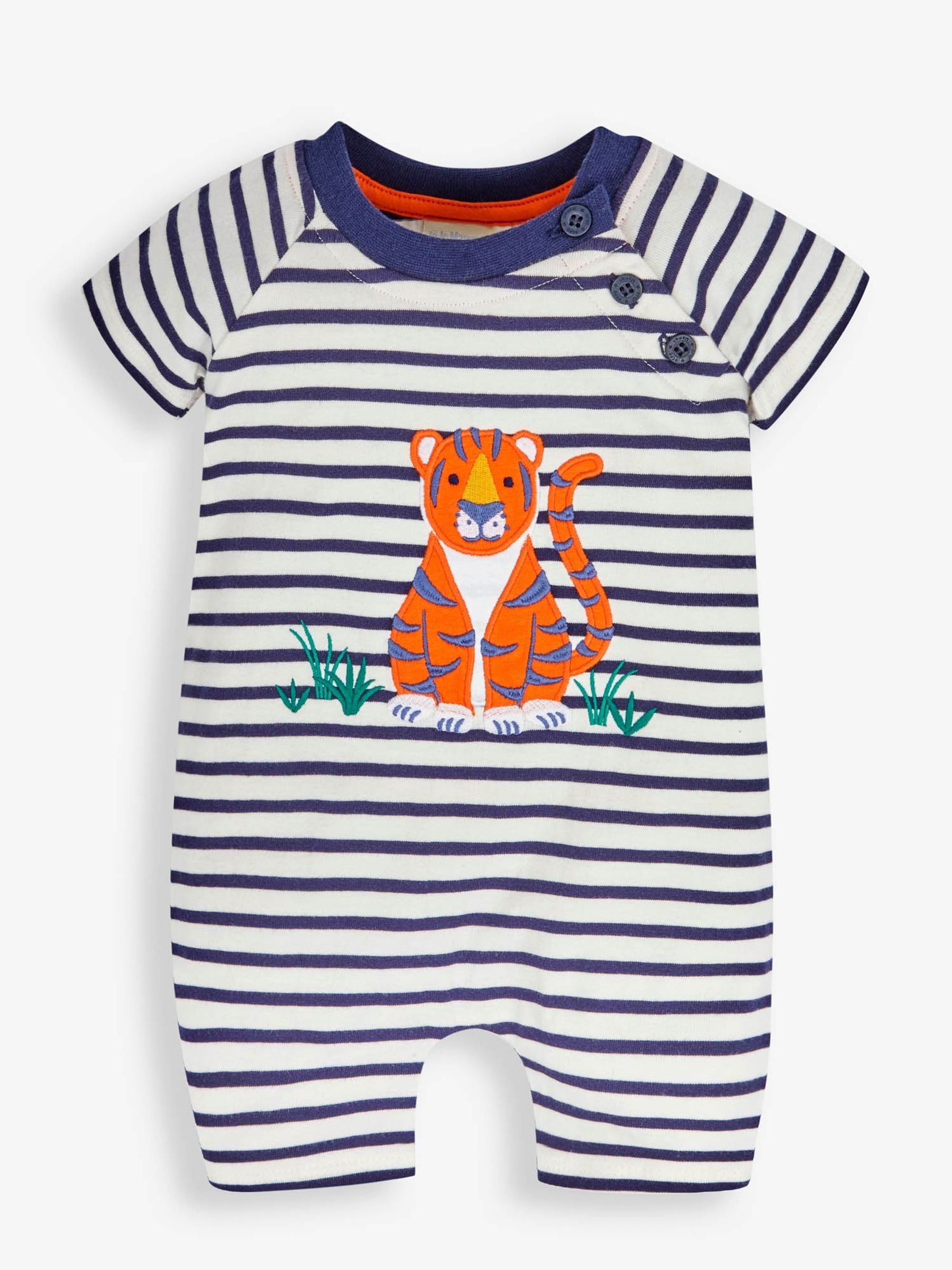 Ecru Navy Stripe Tiger Appliqué Romper - Image 1 of 3