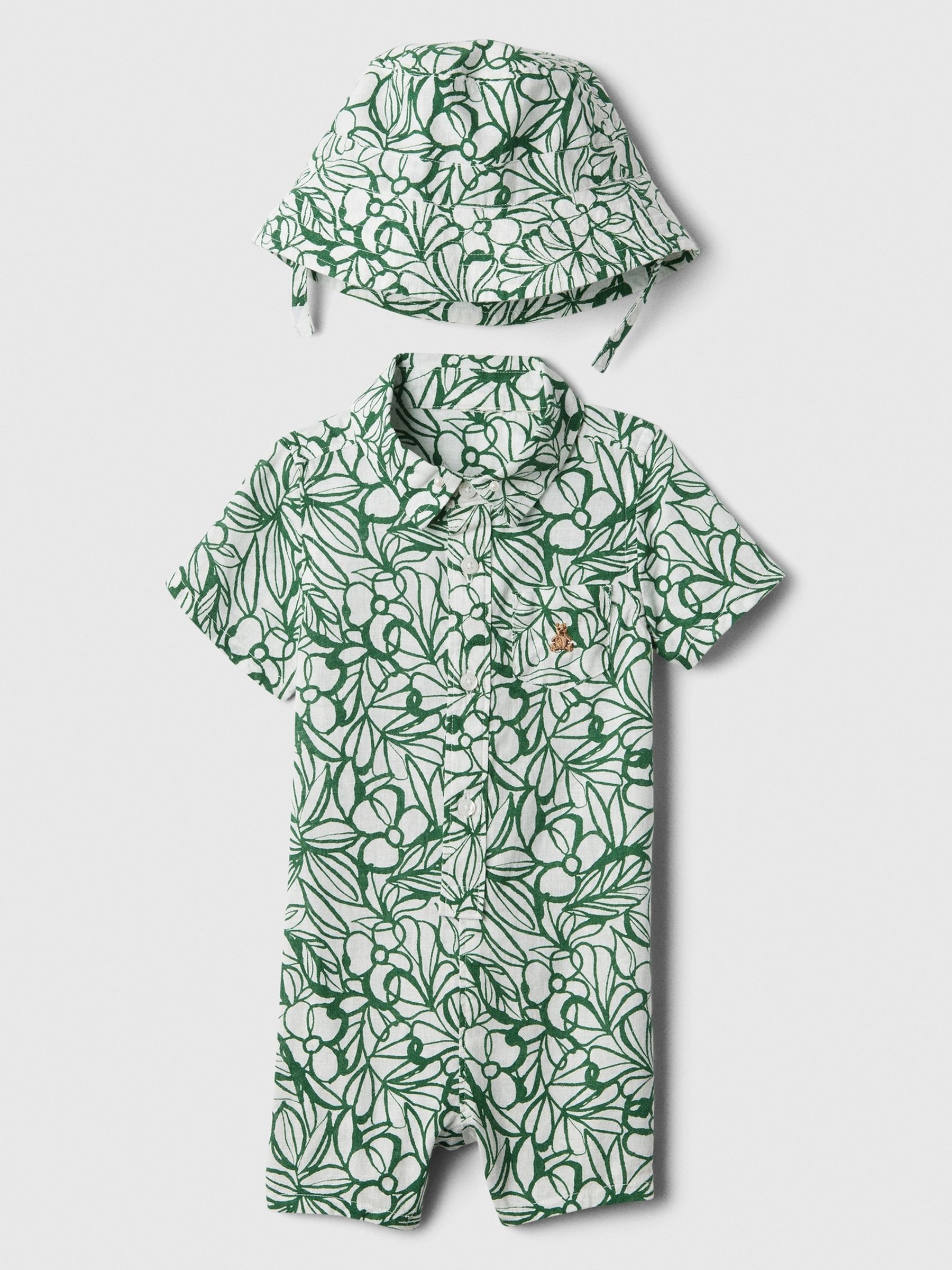 Green Linen Blend Two-Piece Rompersuit & Hat Baby Set (Newborn-24mths) - Image 1 of 1
