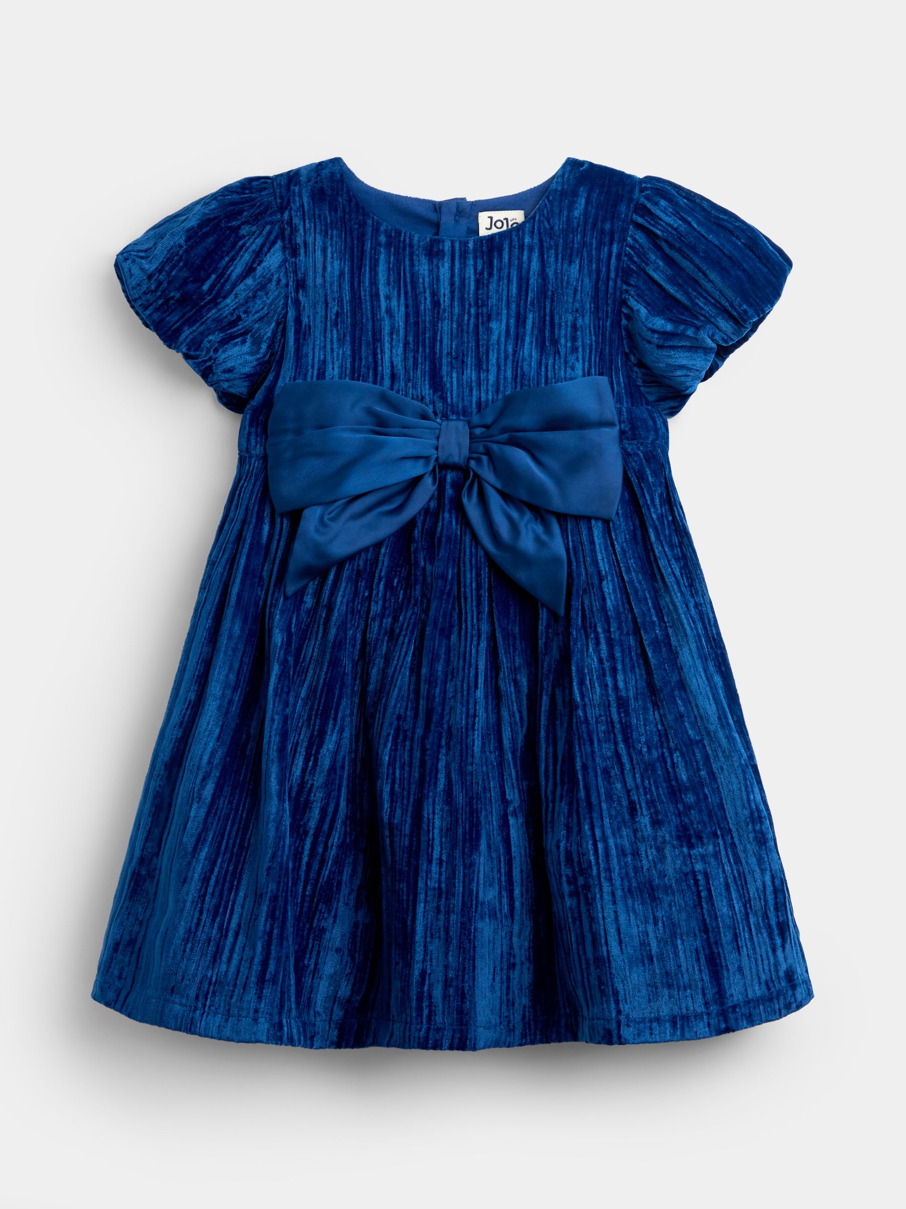 Navy Blue Crushed Velvet Puff Sleeve Party Dress - Image 1 of 4