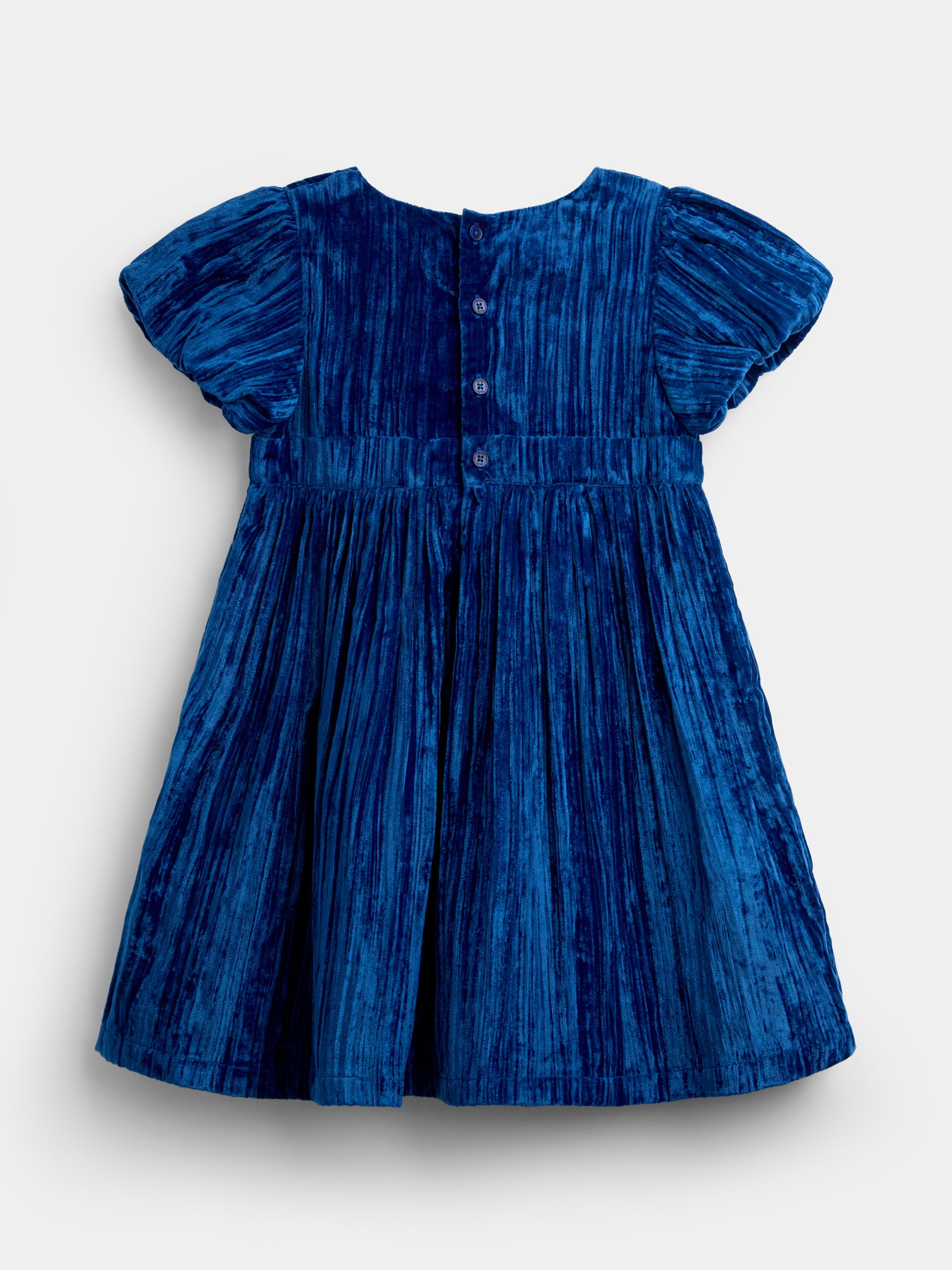 Navy Blue Crushed Velvet Puff Sleeve Party Dress - Image 2 of 4