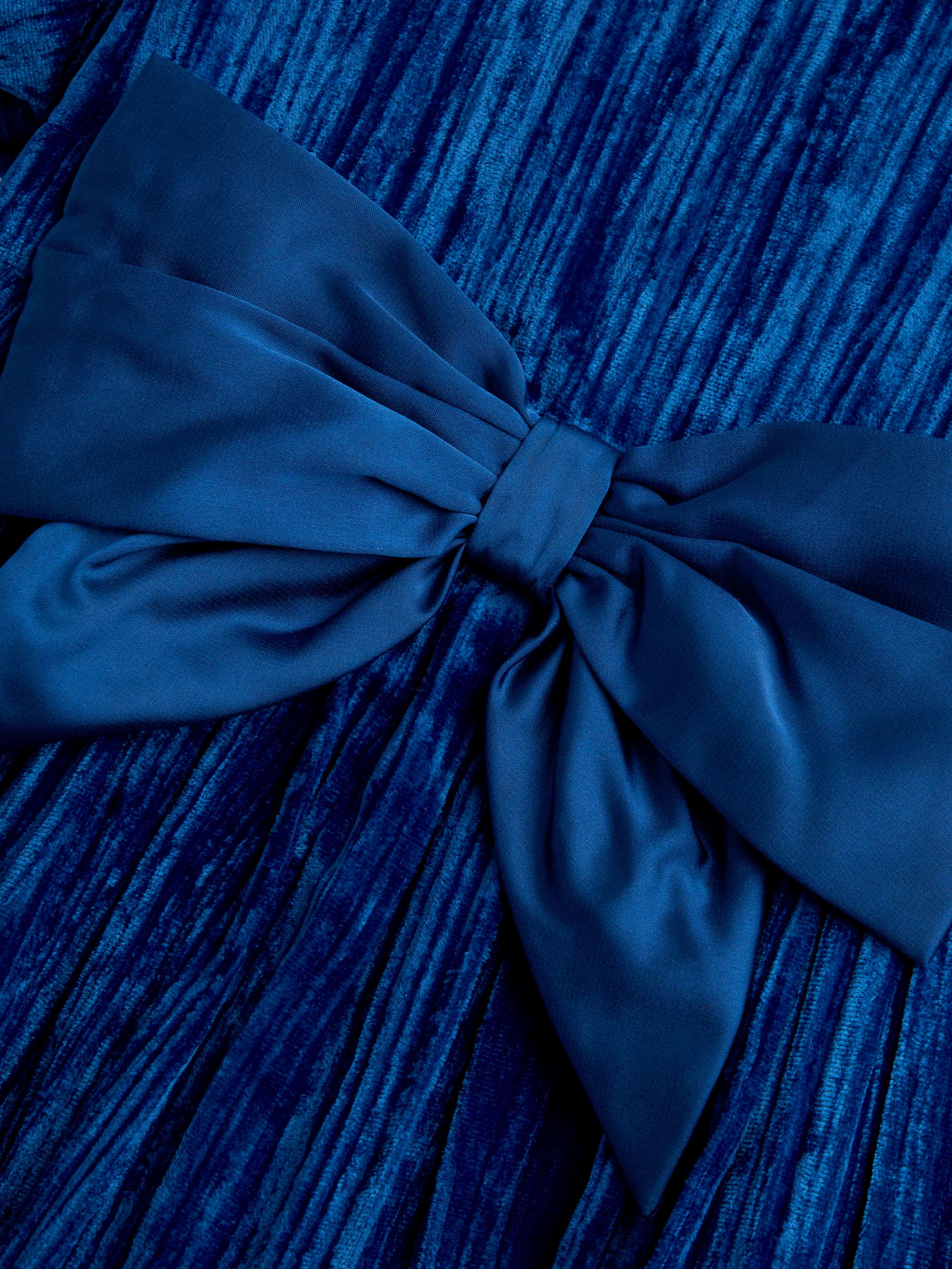 Navy Blue Crushed Velvet Puff Sleeve Party Dress - Image 3 of 4