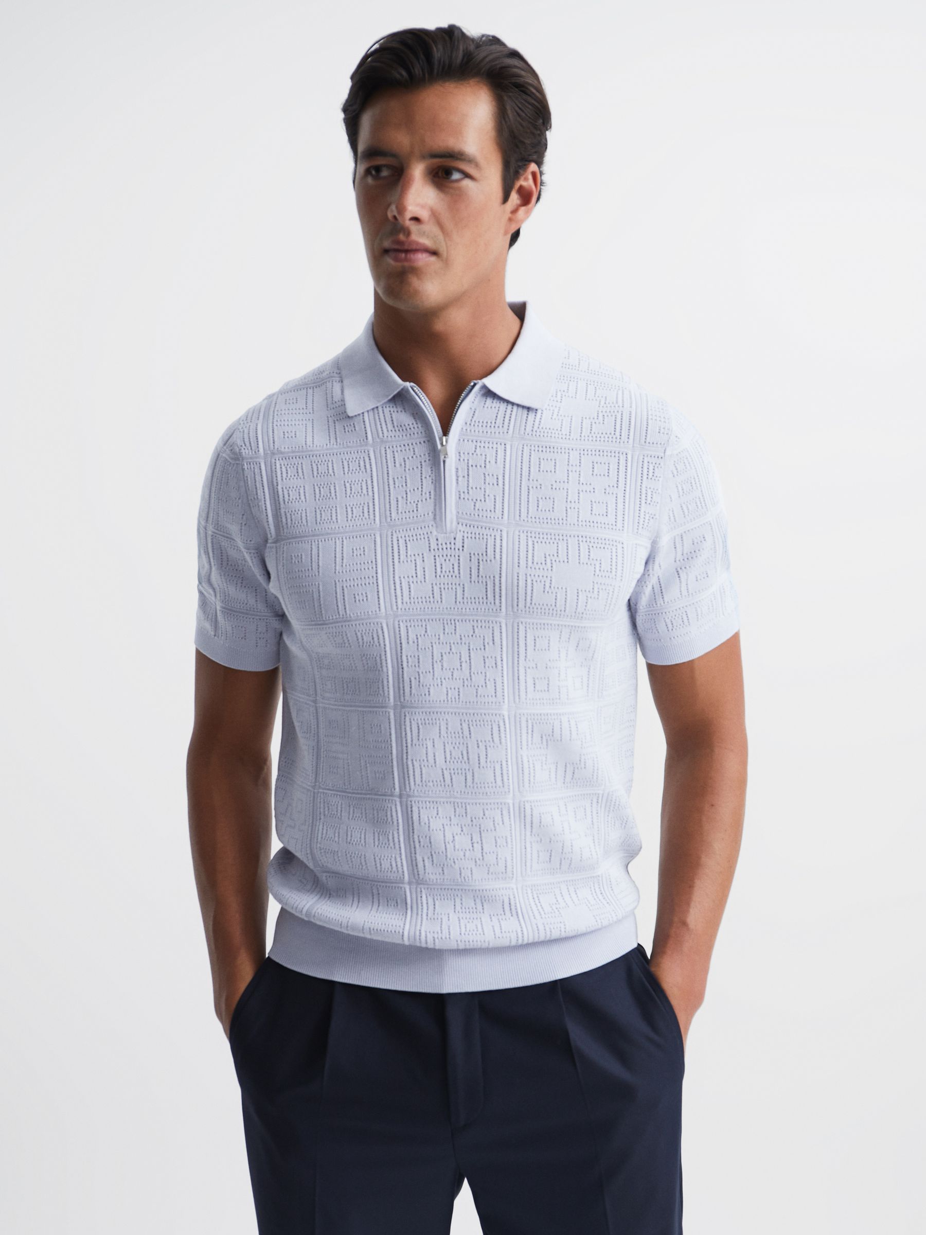 Half Zip Textured Polo Shirt in Soft Blue - Image 3 of 6