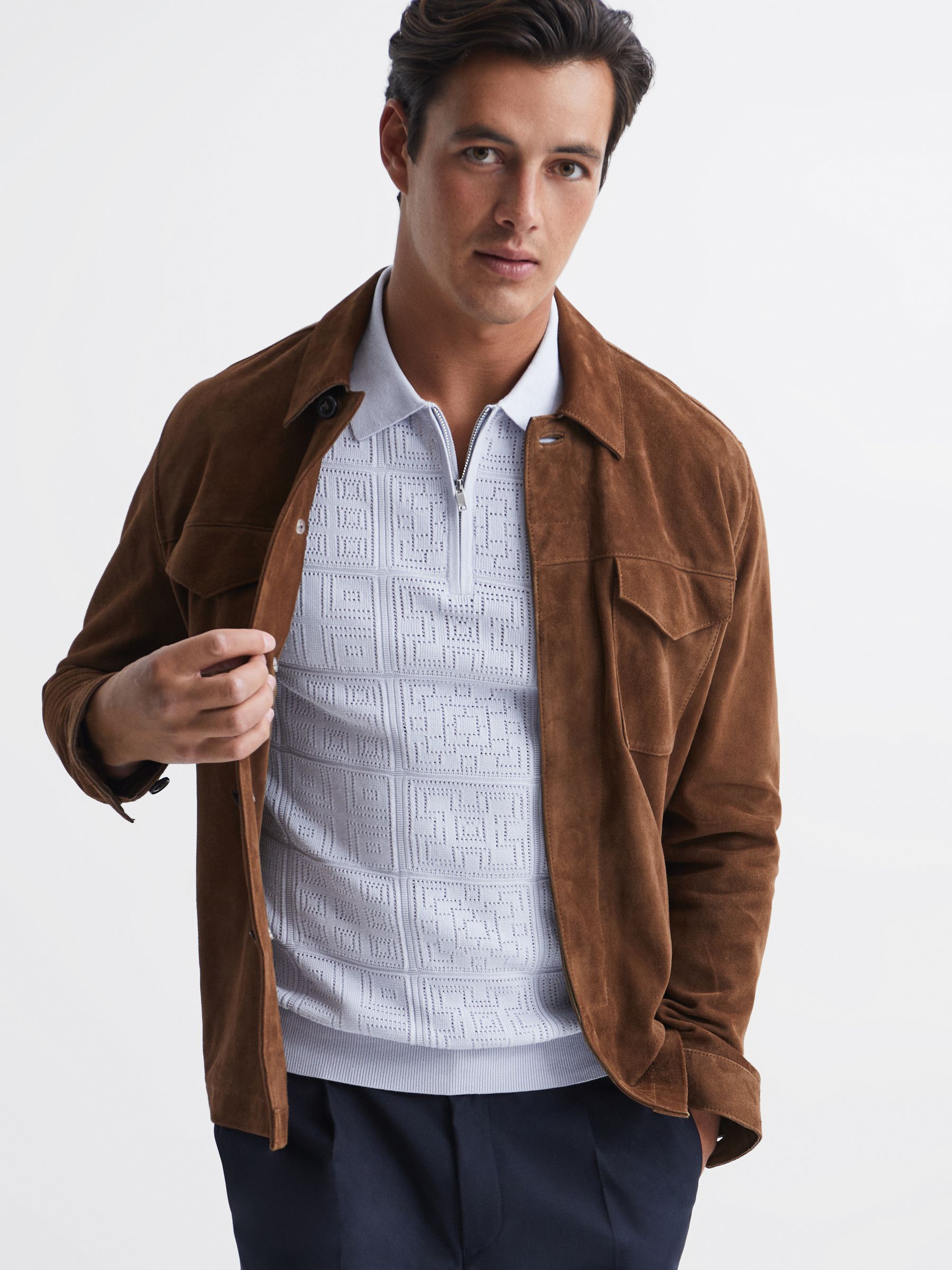 Half Zip Textured Polo Shirt in Soft Blue - Image 6 of 6