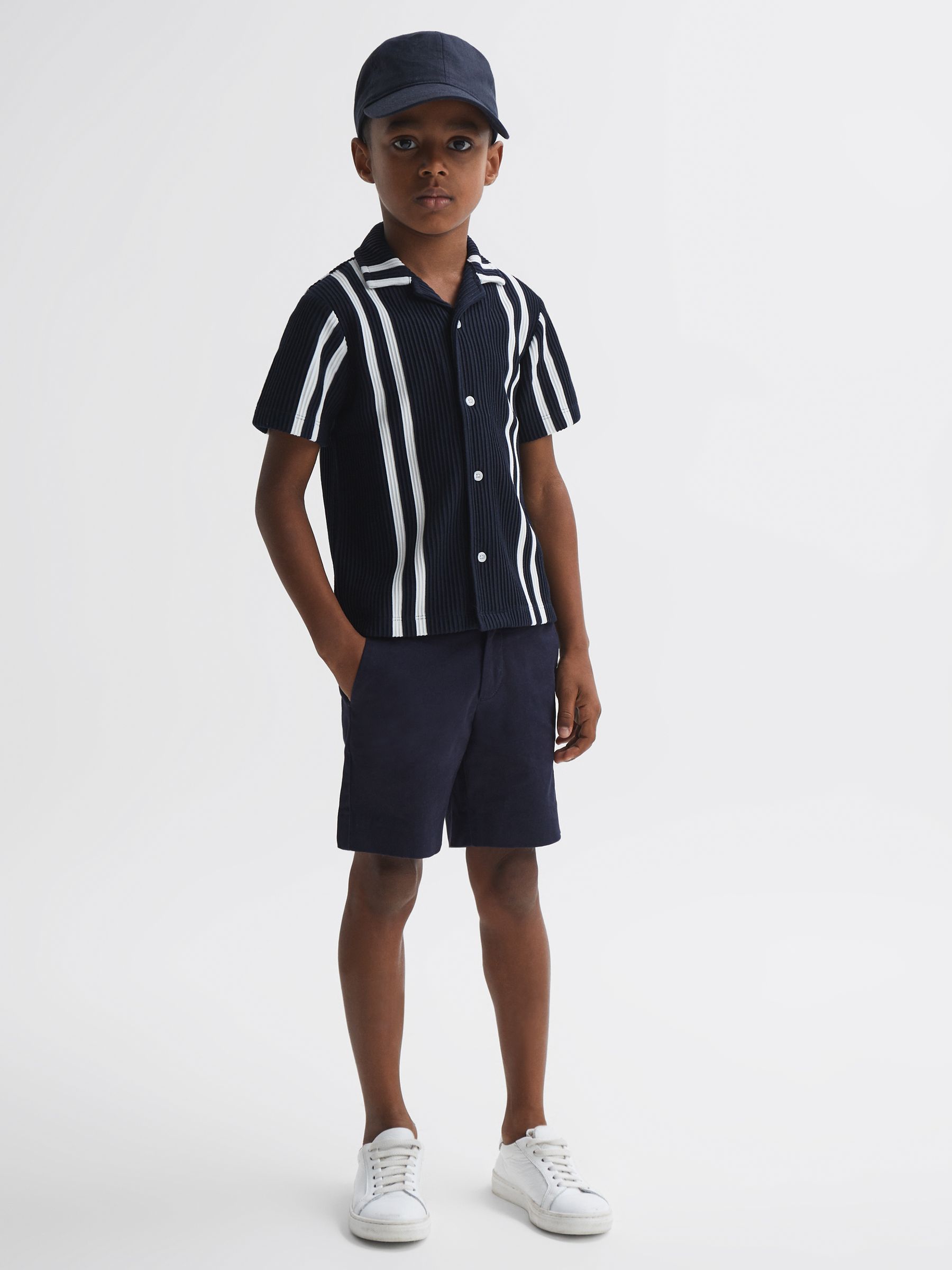 Ribbed Cuban Collar Shirt in Navy/White - Image 1 of 6