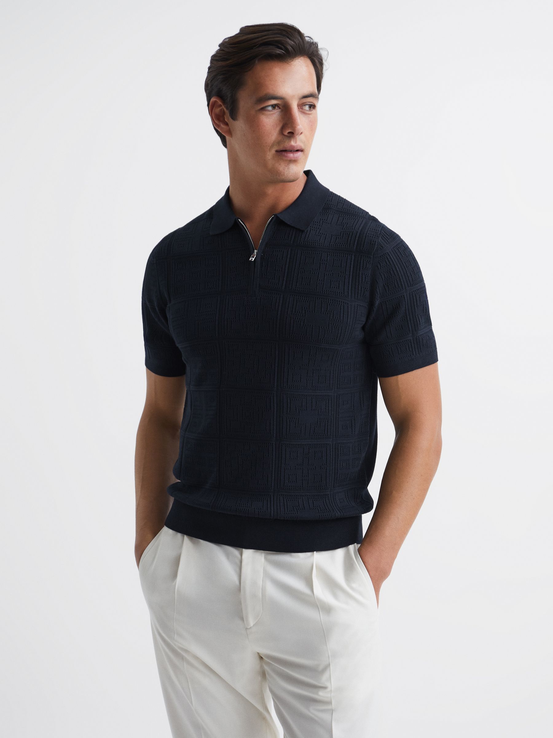 Half Zip Textured Polo Shirt in Navy - Image 1 of 6 Half Zip Textured Polo Shirt in Navy - Image 1 of 6