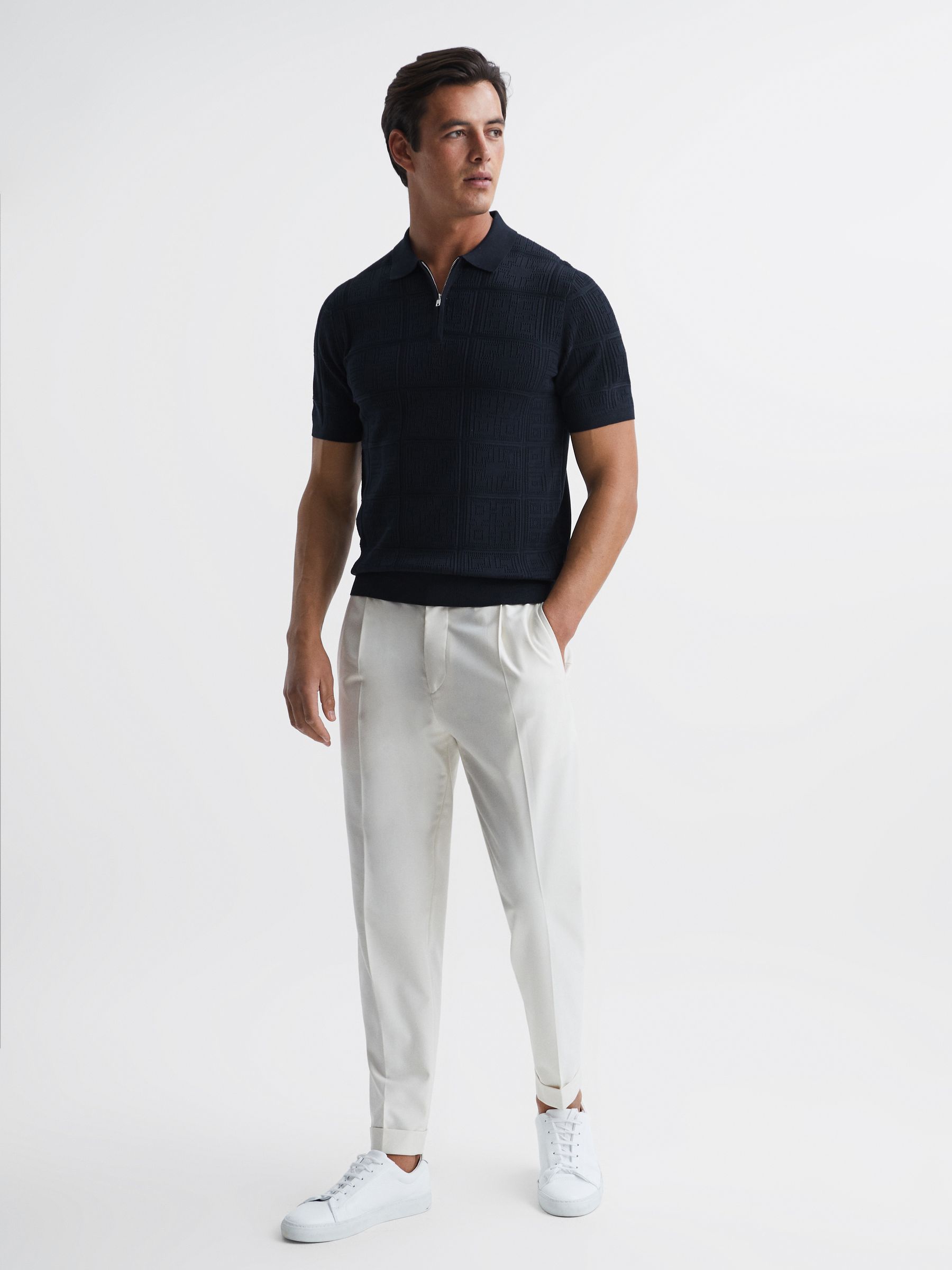Half Zip Textured Polo Shirt in Navy - Image 3 of 6