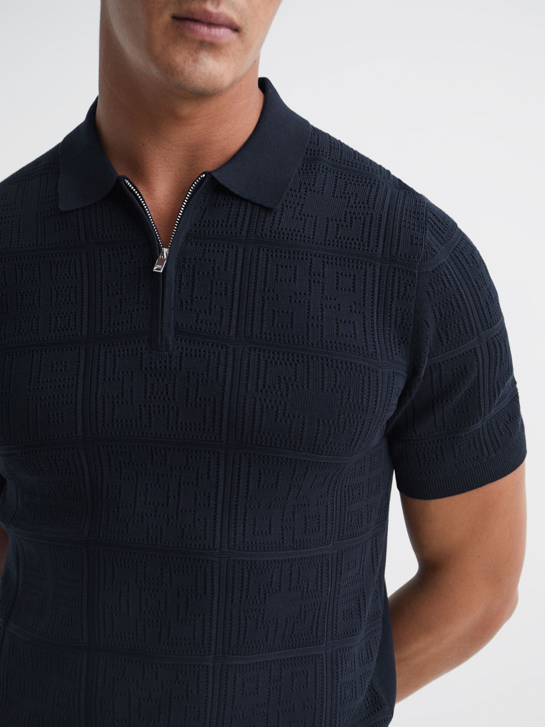 Half Zip Textured Polo Shirt in Navy - Image 4 of 6