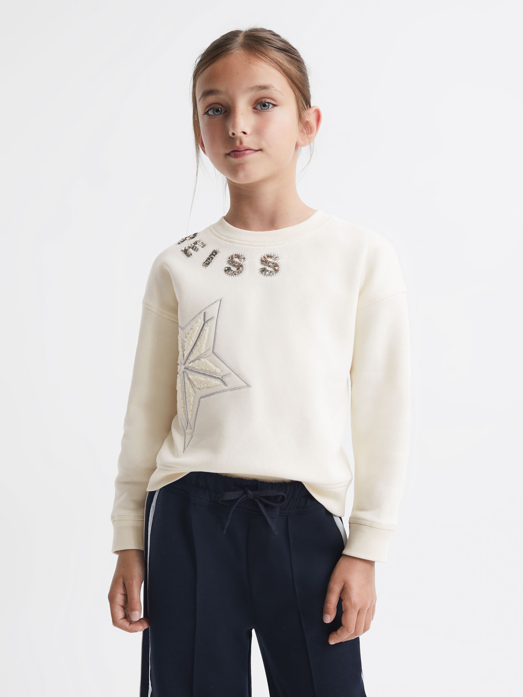 Junior Cotton Sequin Motif Crew Neck Jumper in Ivory - Image 1 of 6