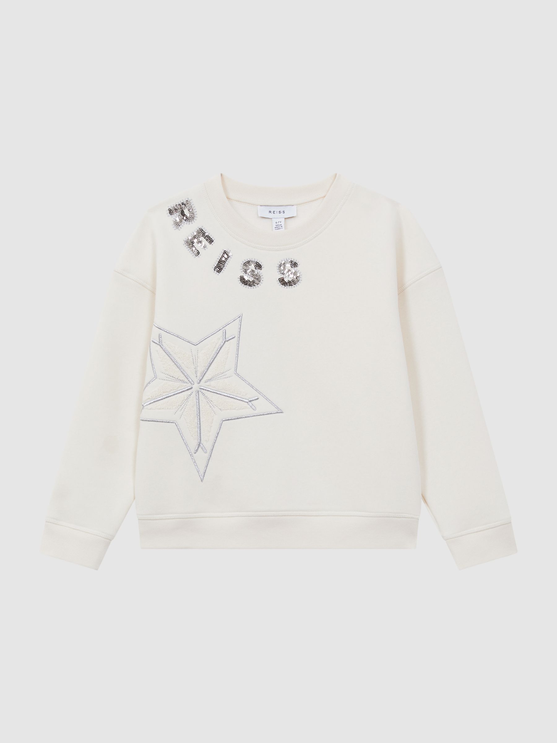 Junior Cotton Sequin Motif Crew Neck Jumper in Ivory - Image 2 of 6