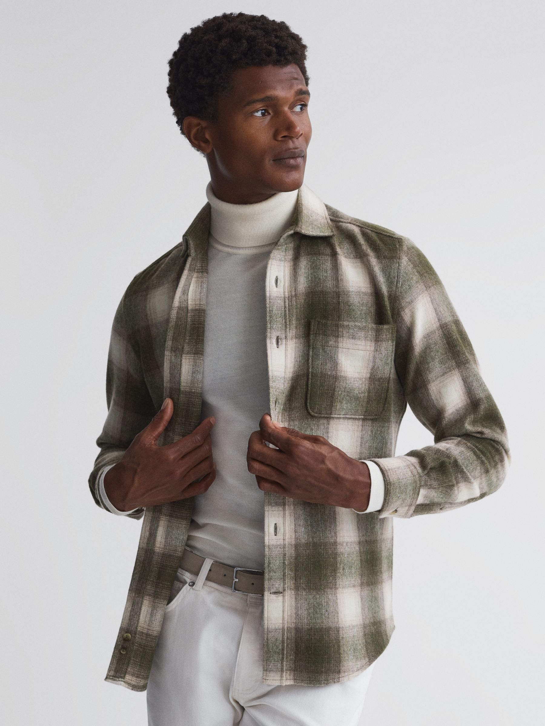 Wool Checked Long Sleeve Shirt in Green Multi - Image 1 of 4