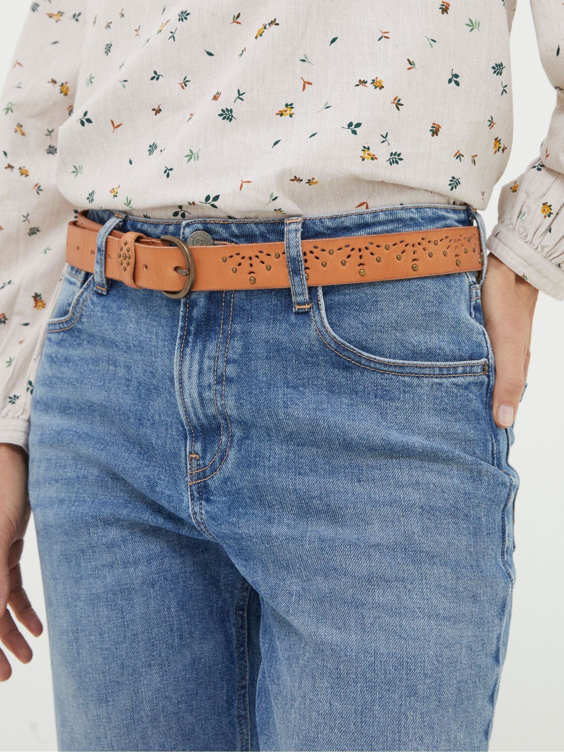 Jean Brown Geo Laser Cut Leather Belt - Image 1 of 3