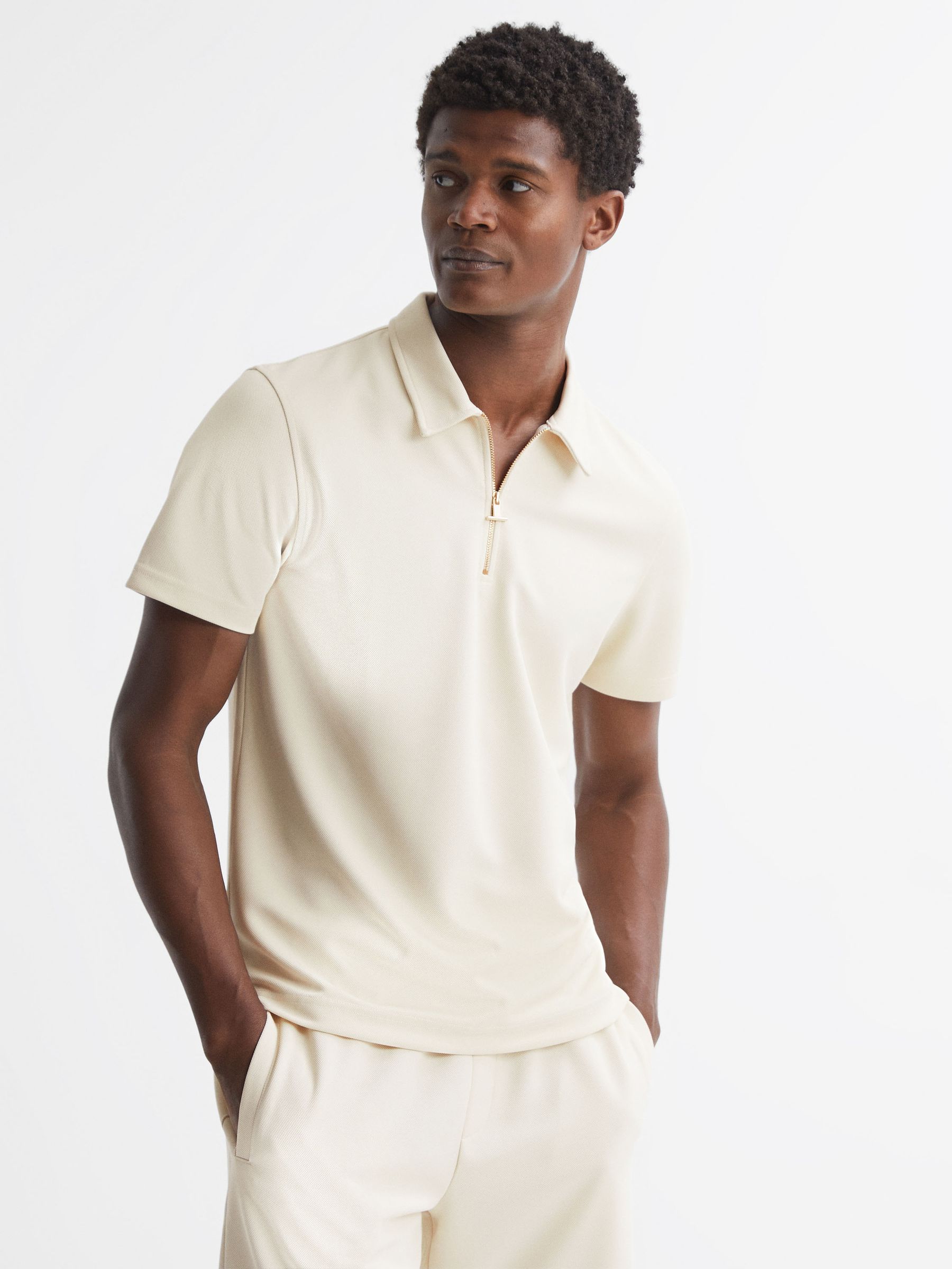 Slim Fit Half-Zip Polo Shirt in Ecru - Image 4 of 5