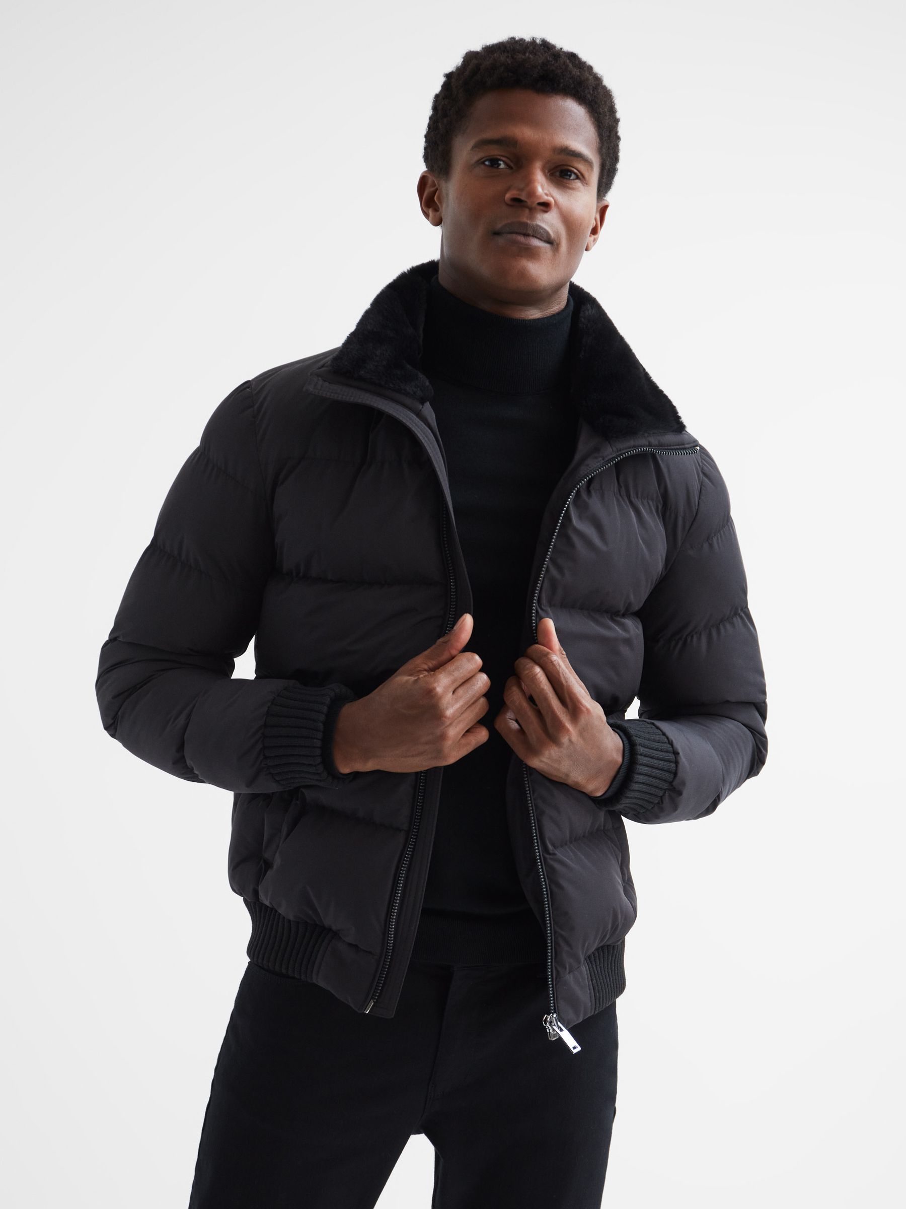 Faux Fur Trim Puffer Jacket in Black - Image 1 of 5