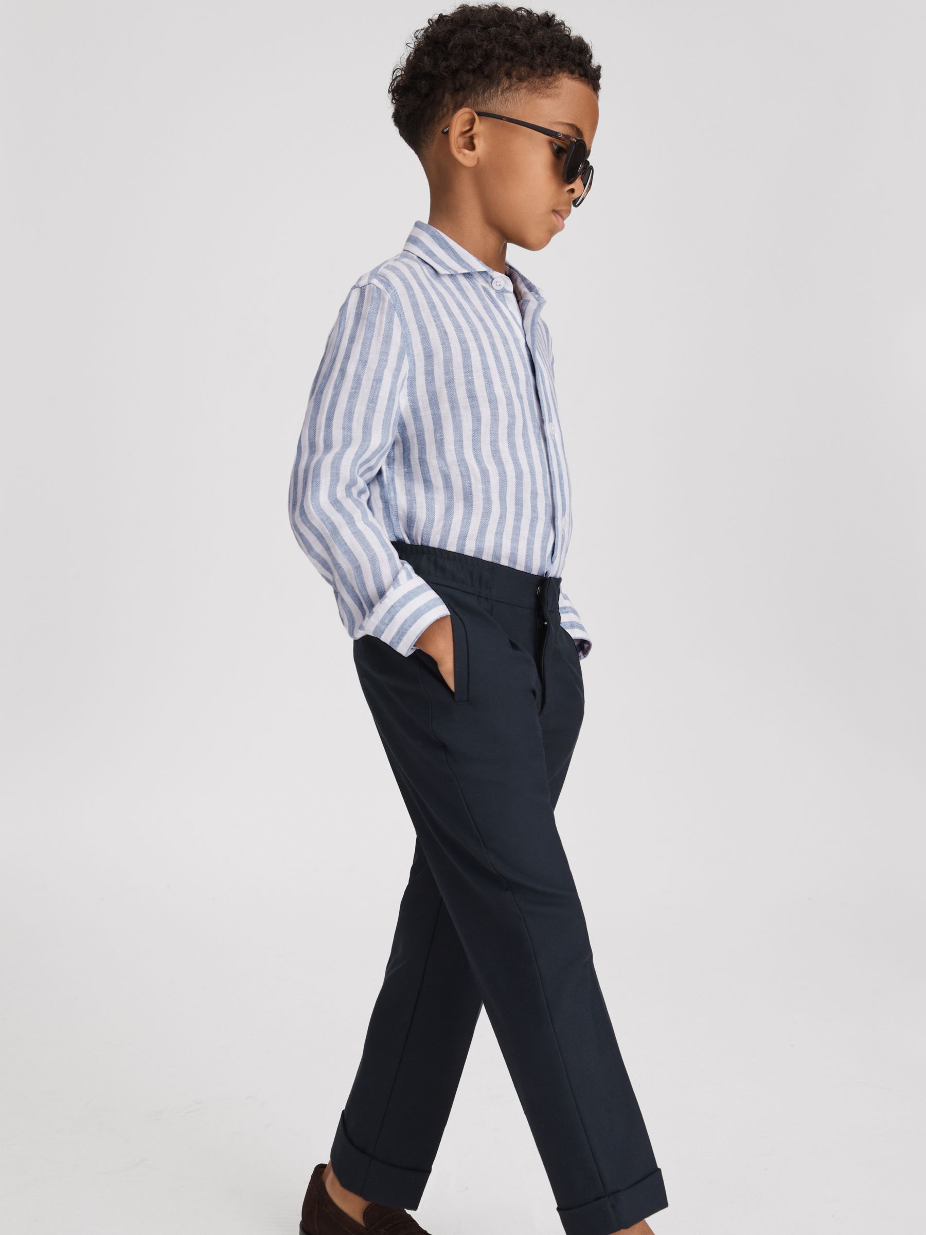 13-14 yrs Linen Cutaway Collar Shirt in Soft Blue Herringbone Stripe - Image 2 of 4