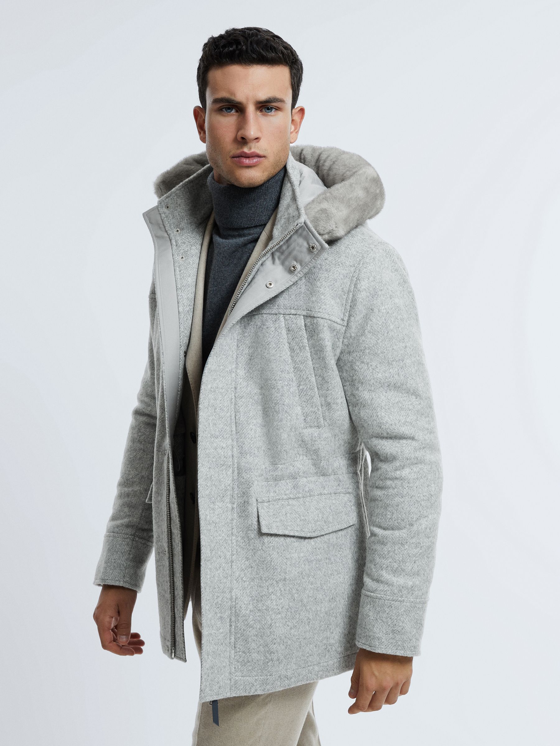 Atelier Wool Blend Removable Faux Fur Hooded Coat in Grey Melange - Image 1 of 9