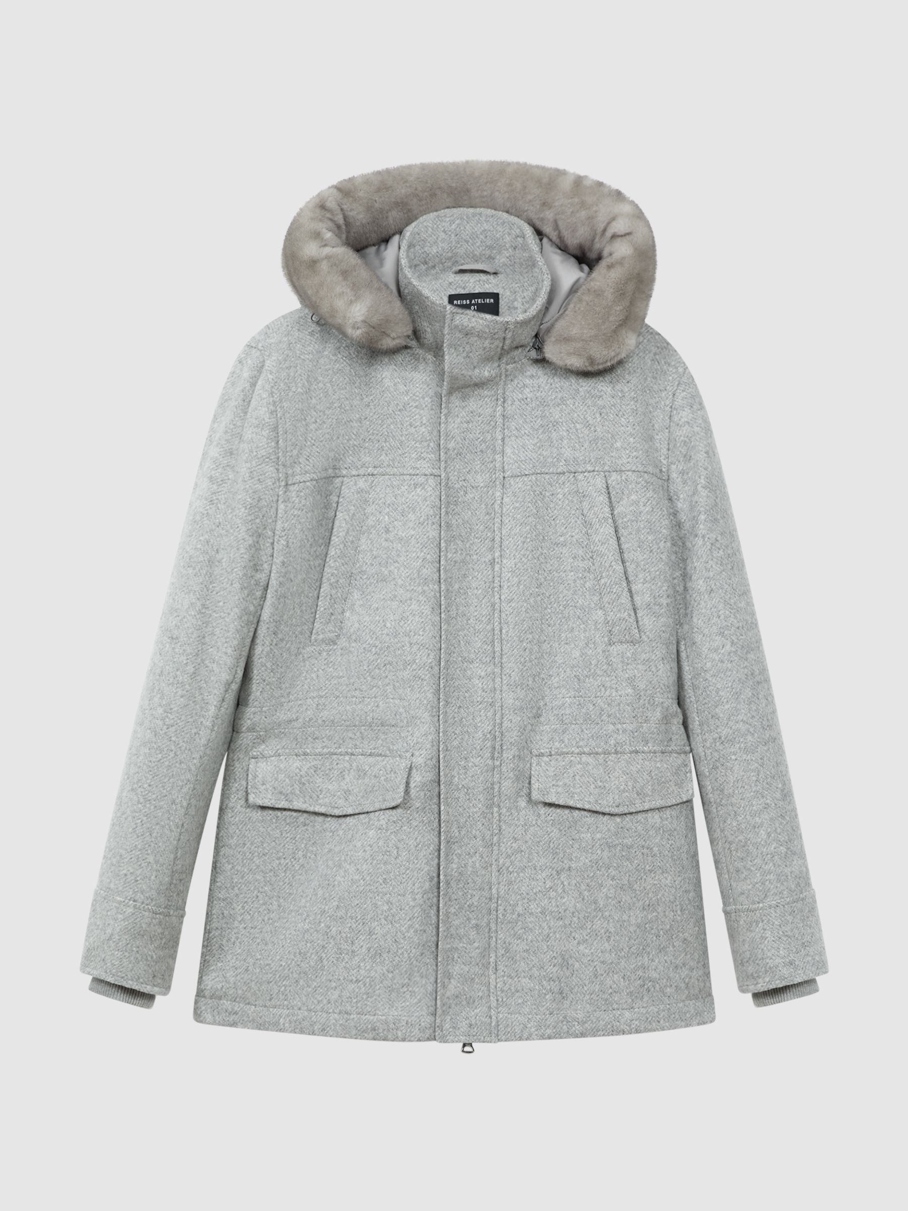 Atelier Wool Blend Removable Faux Fur Hooded Coat in Grey Melange - Image 2 of 9