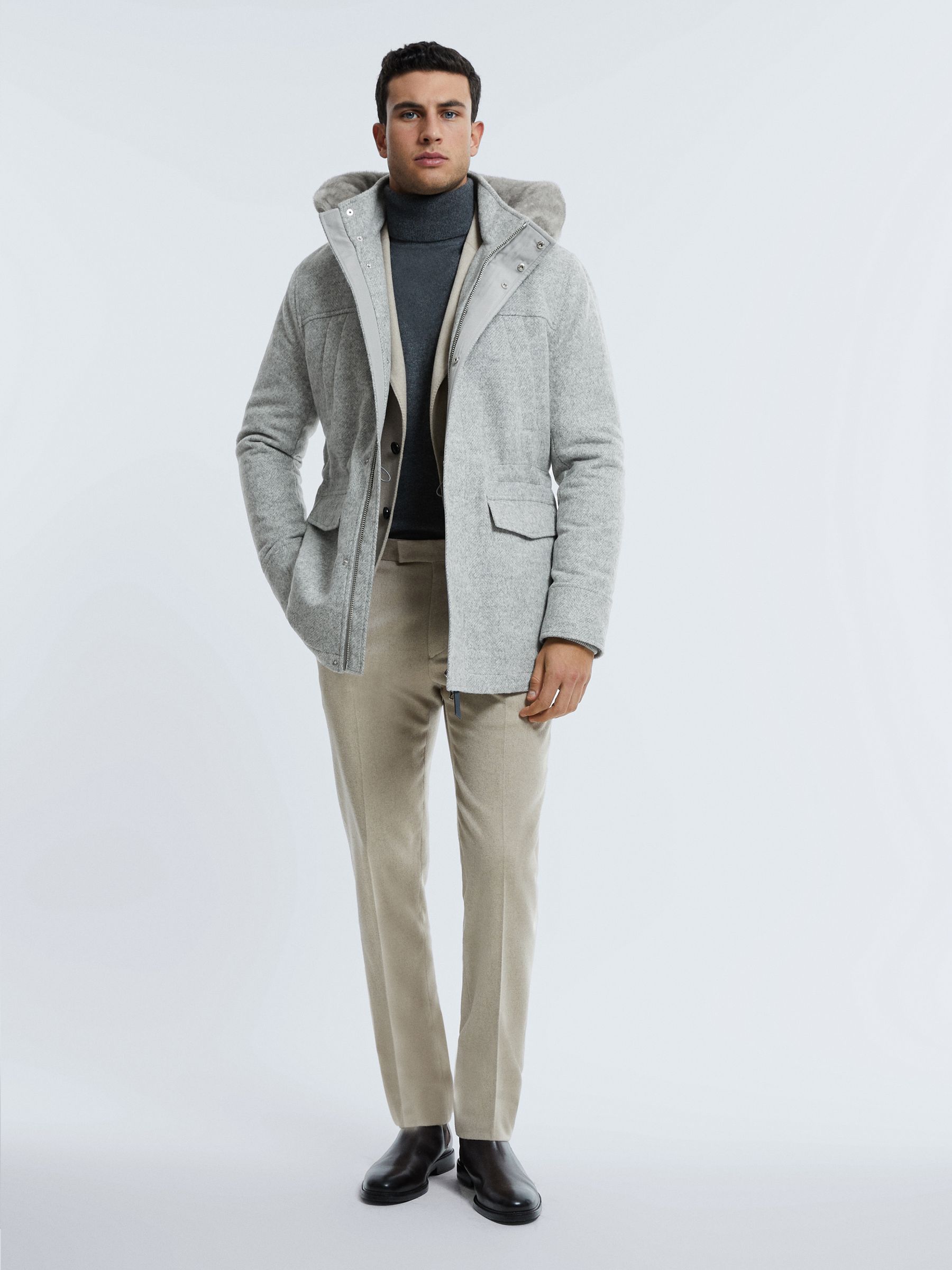 Atelier Wool Blend Removable Faux Fur Hooded Coat in Grey Melange - Image 3 of 9