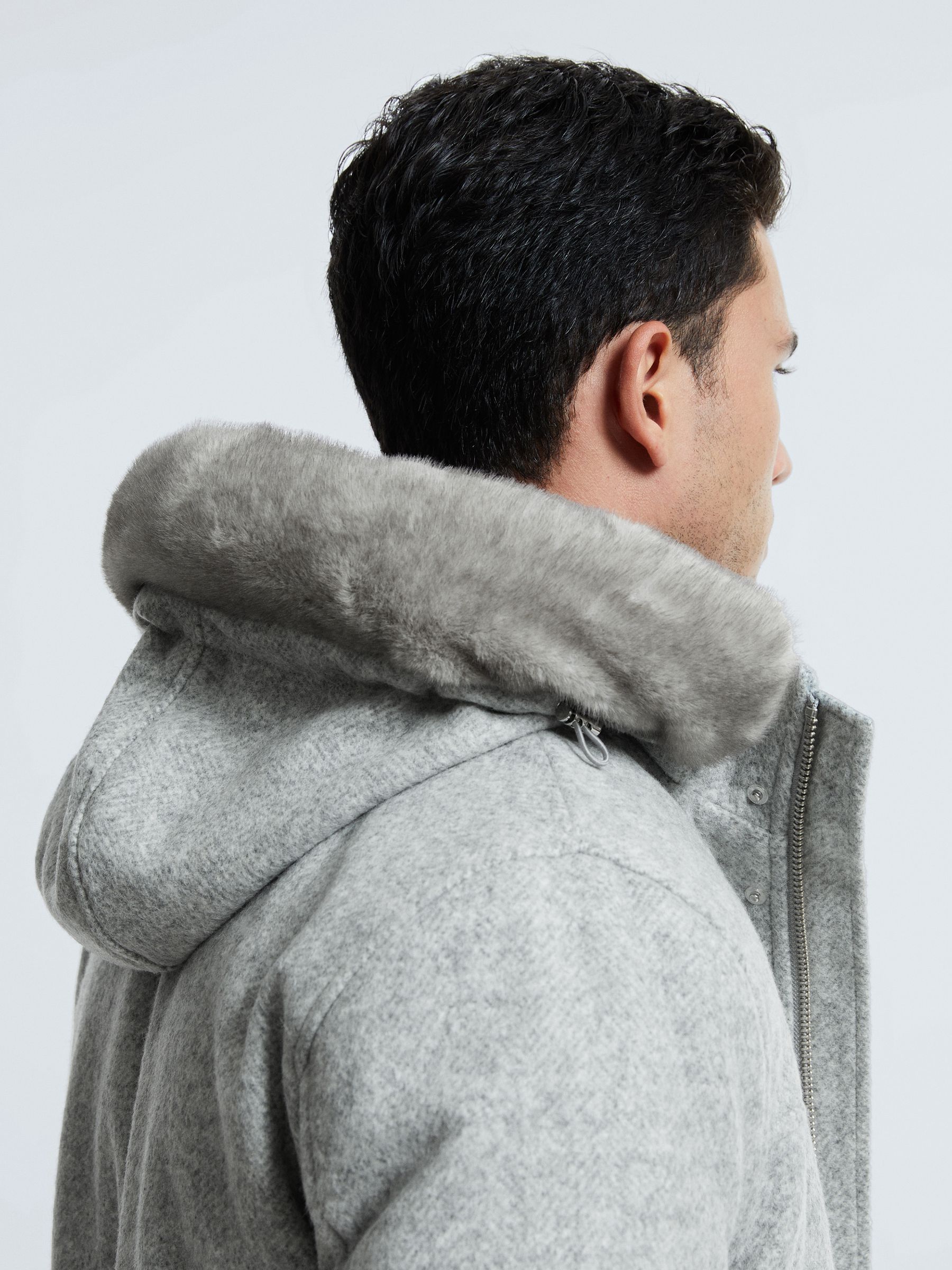 Atelier Wool Blend Removable Faux Fur Hooded Coat in Grey Melange - Image 4 of 9