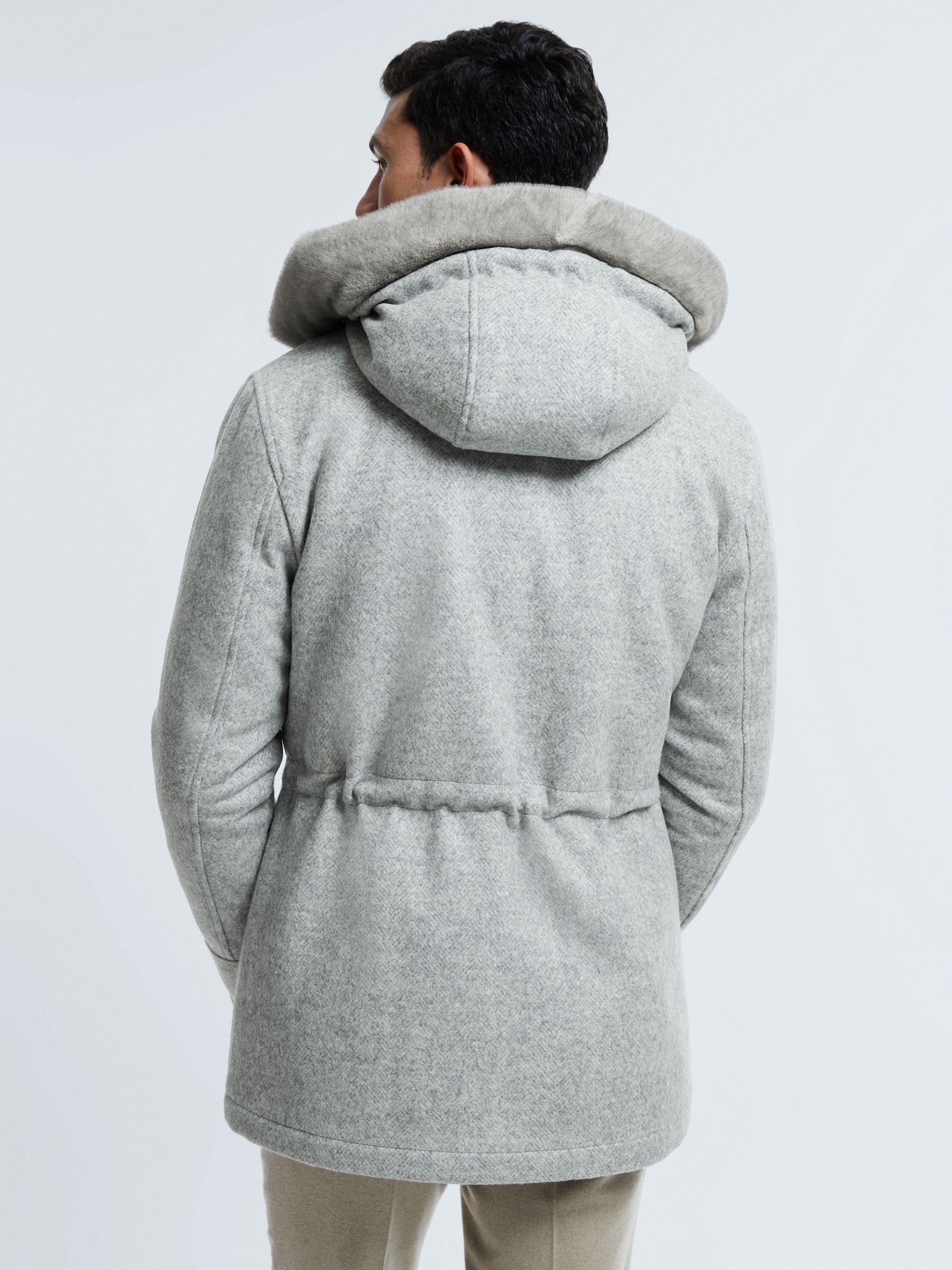 Atelier Wool Blend Removable Faux Fur Hooded Coat in Grey Melange - Image 5 of 9