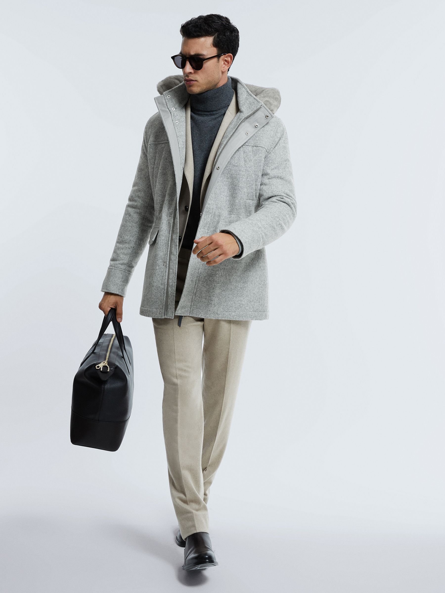 Atelier Wool Blend Removable Faux Fur Hooded Coat in Grey Melange - Image 6 of 9