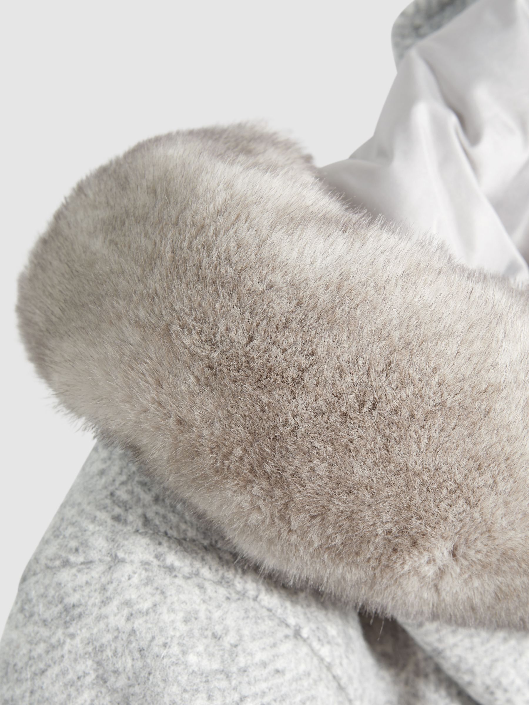 Atelier Wool Blend Removable Faux Fur Hooded Coat in Grey Melange - Image 8 of 9