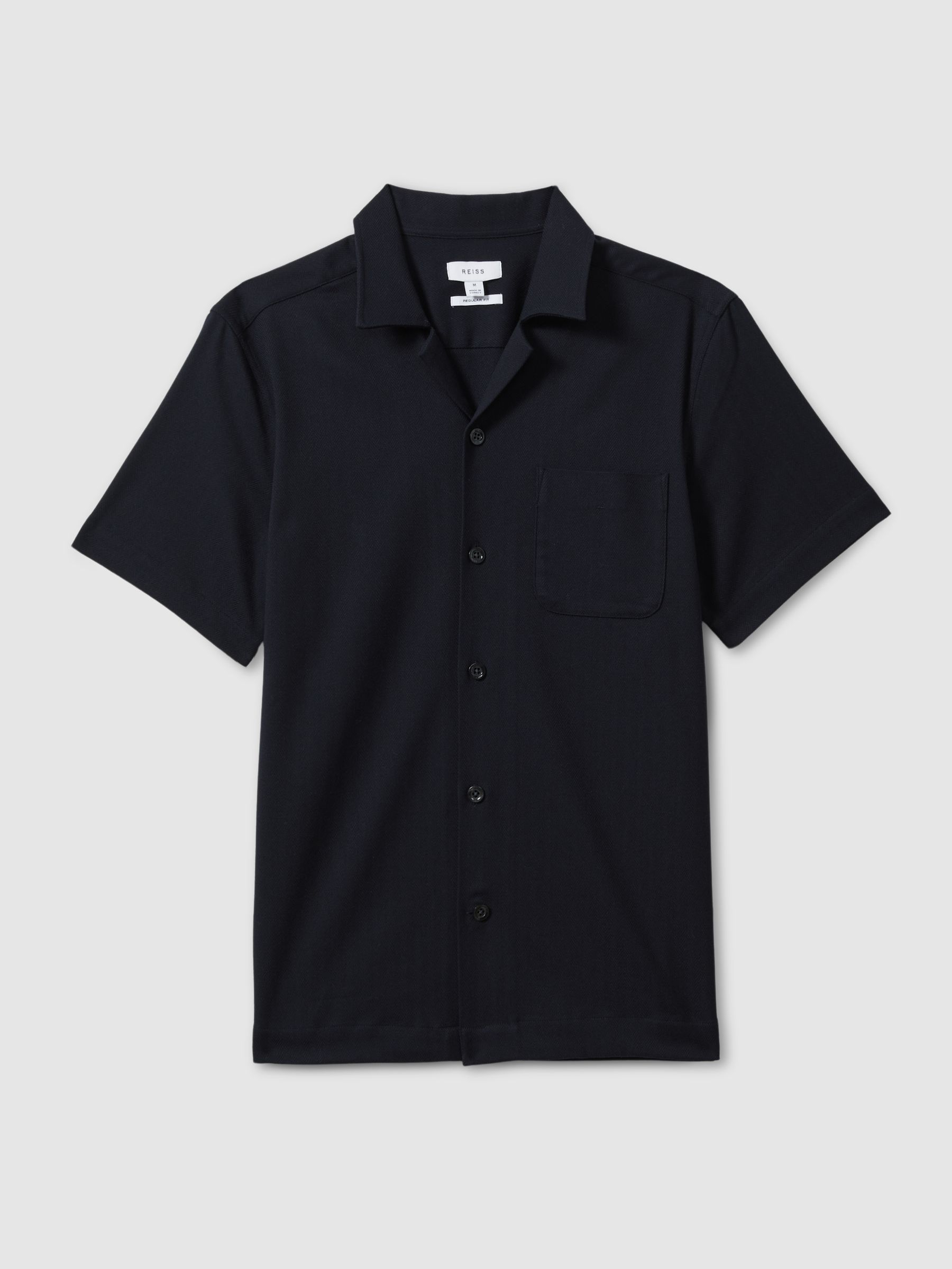 Herringbone Cuban Collar Shirt in Navy - Image 2 of 4