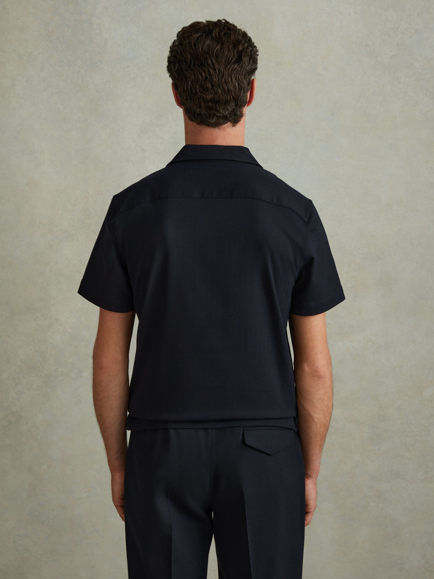 Herringbone Cuban Collar Shirt in Navy - Image 3 of 4