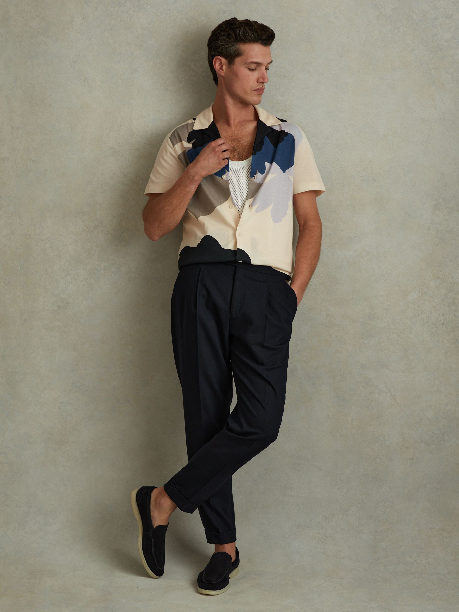 Cotton Floral Print Cuban Collar Shirt in Blue Multi - Image 1 of 6