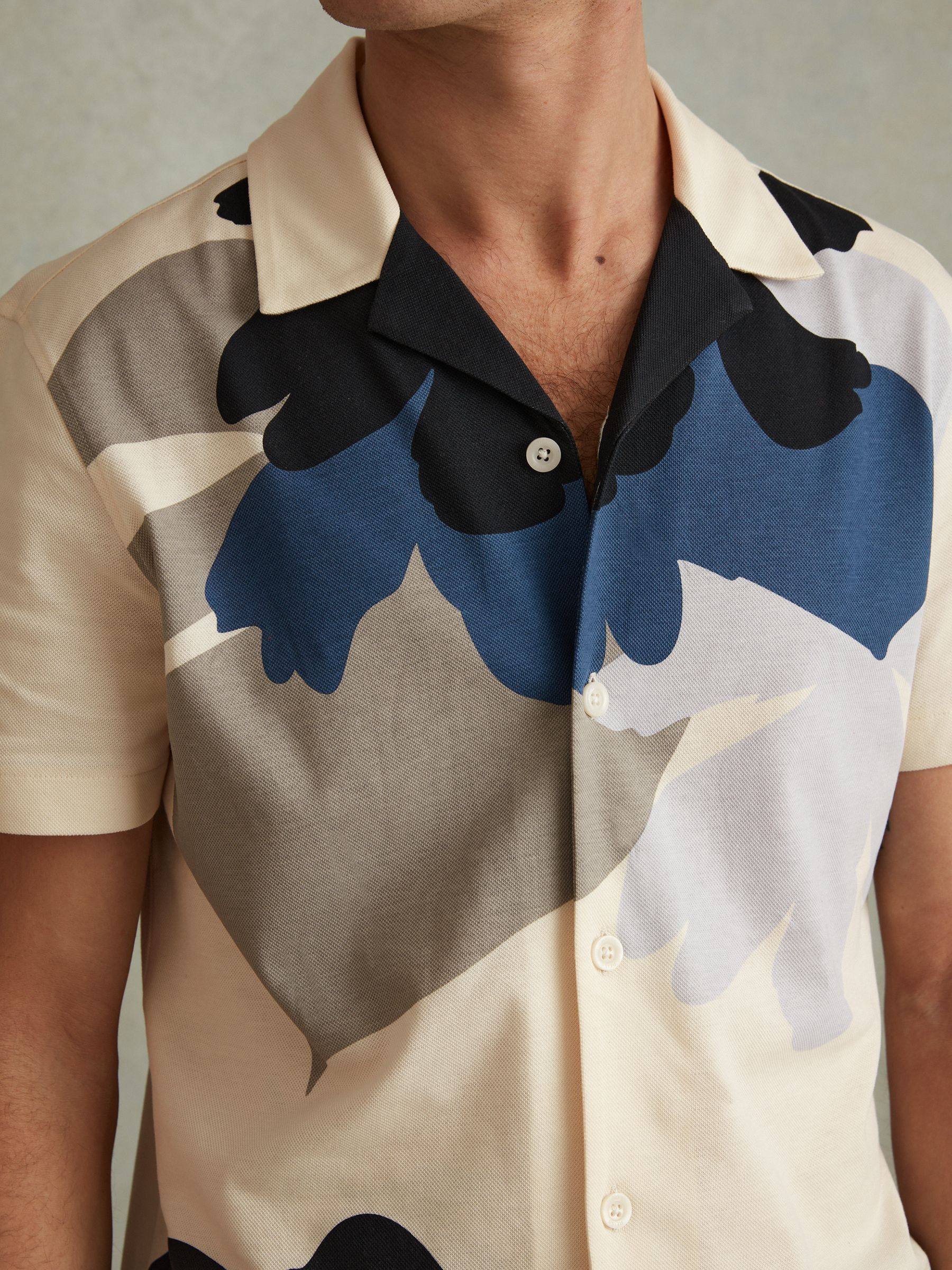 Cotton Floral Print Cuban Collar Shirt in Blue Multi - Image 3 of 6