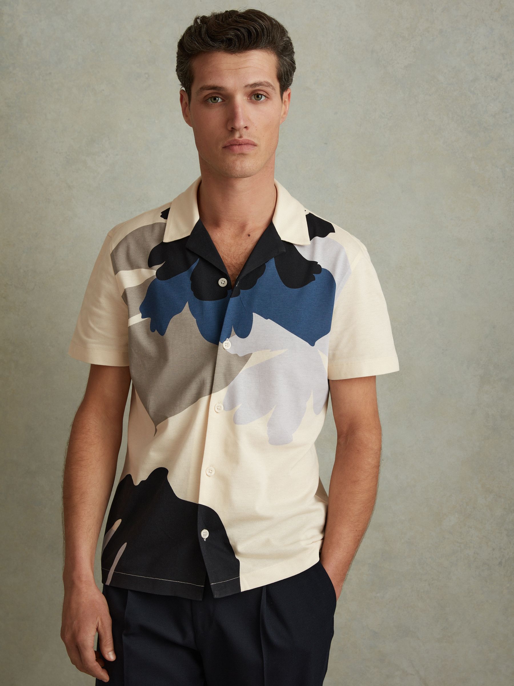 Cotton Floral Print Cuban Collar Shirt in Blue Multi - Image 4 of 6