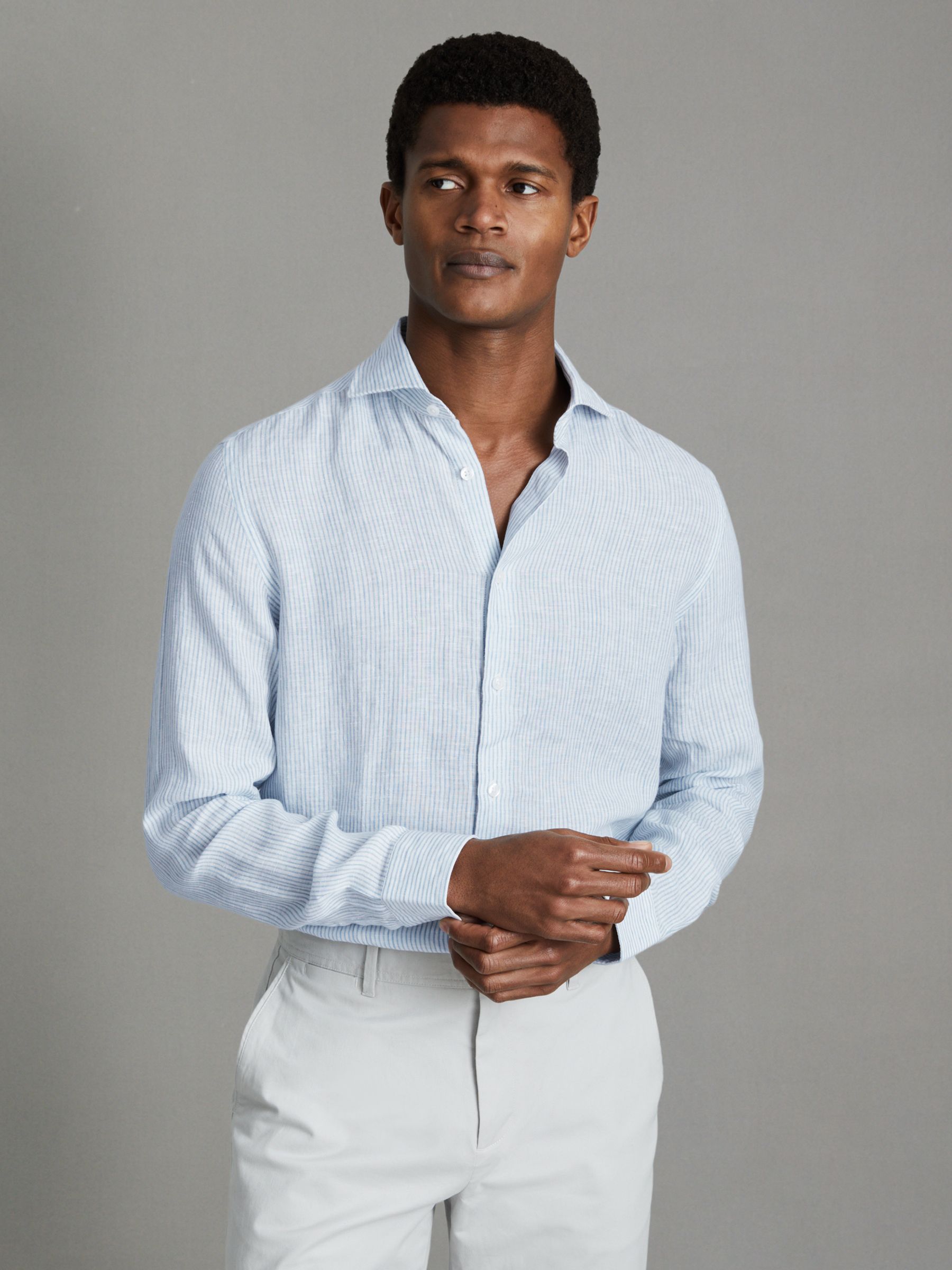 Linen Button-Through Shirt in Soft Blue Fine Stripe - Image 1 of 1