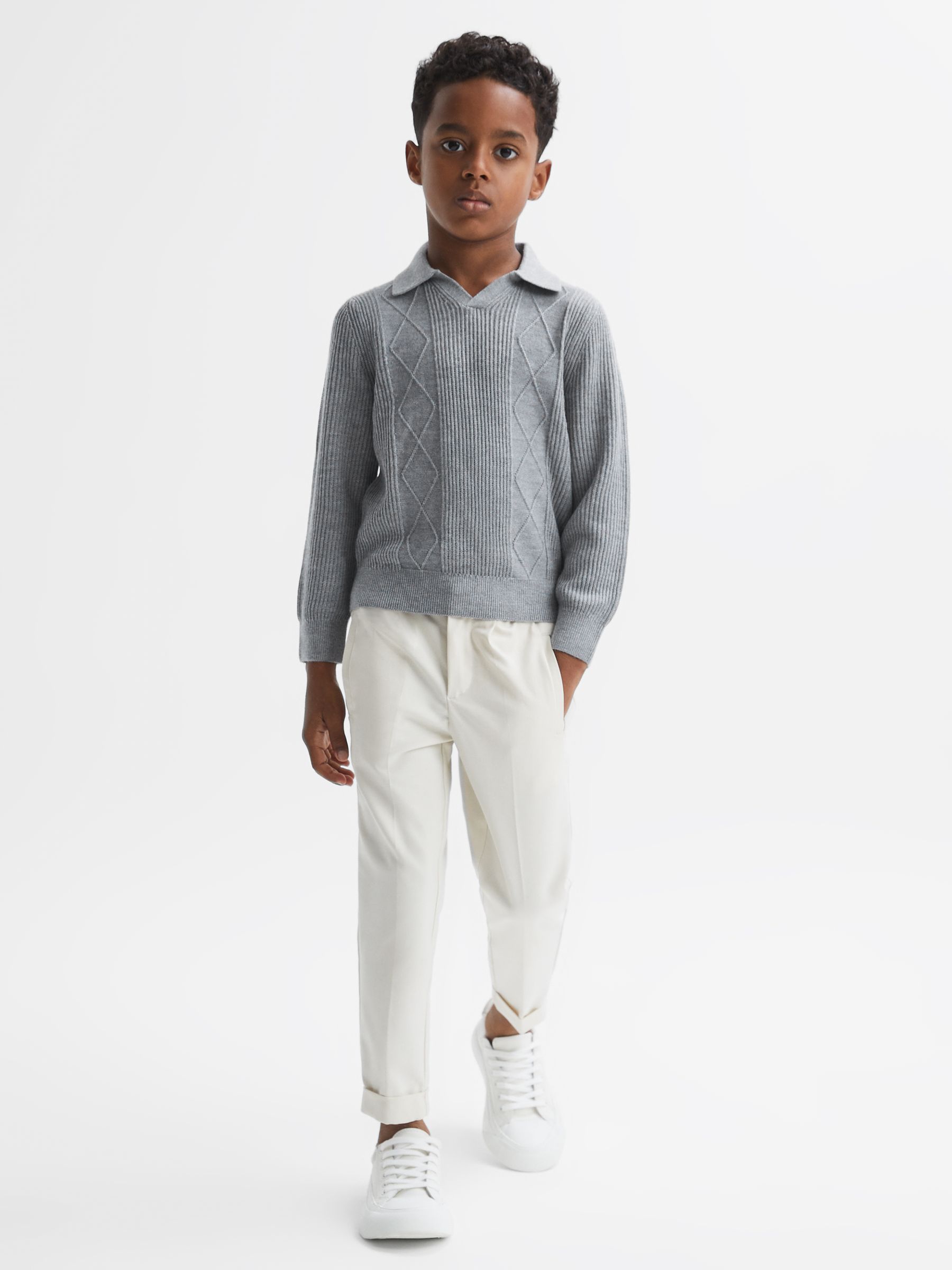 3-9 yrs Knitted Open-Collar Top in Soft Grey Melange - Image 1 of 6