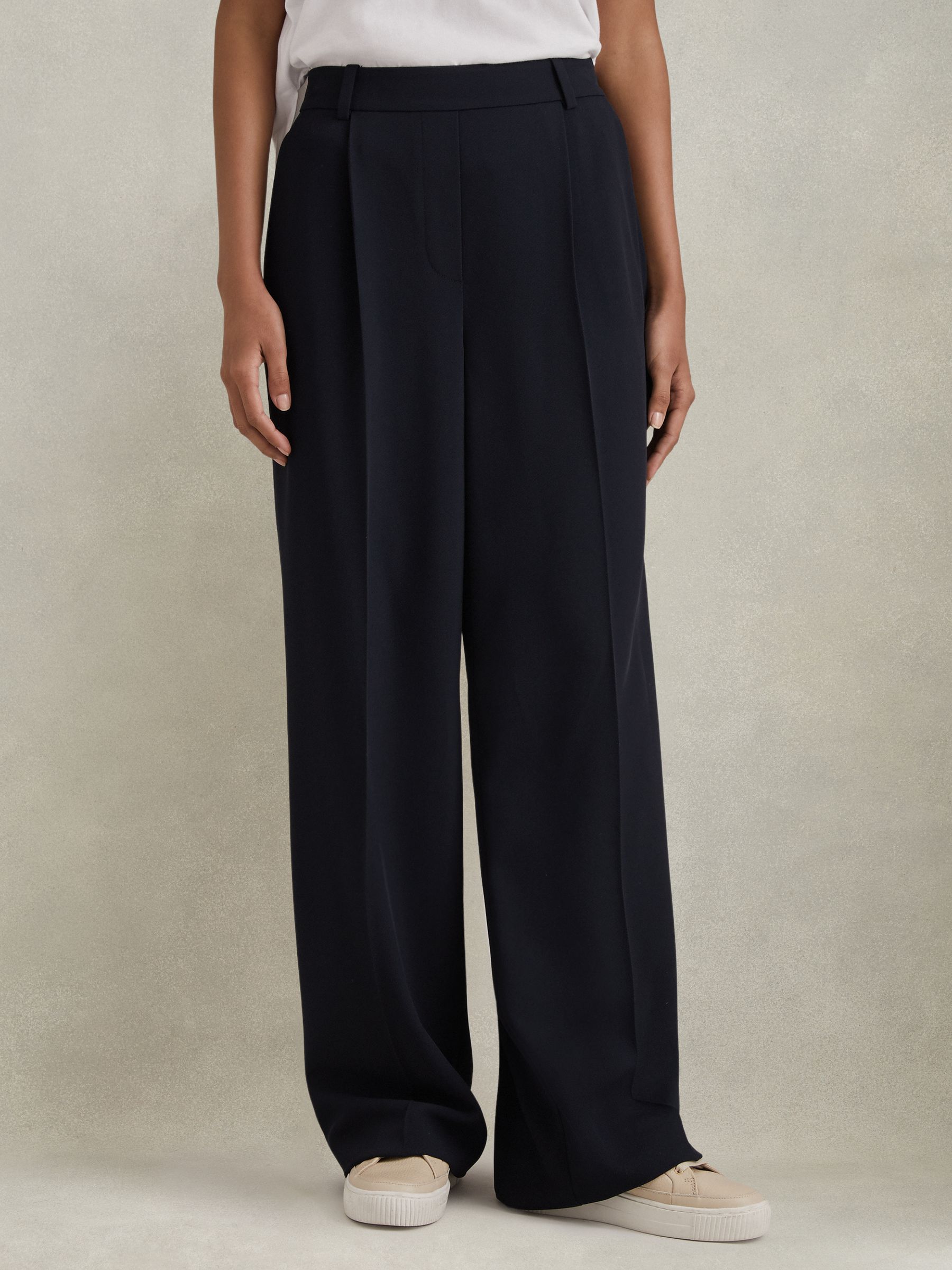 Petite Half-Elasticated Wide Leg Trousers in Navy - Image 1 of 8