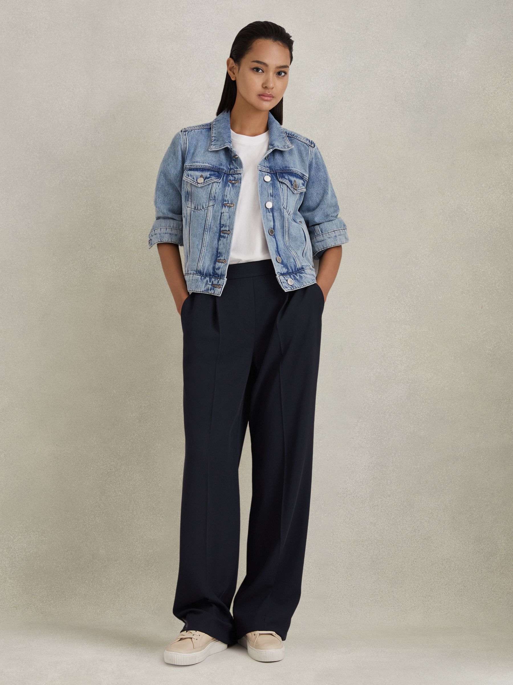 Petite Half-Elasticated Wide Leg Trousers in Navy - Image 3 of 8