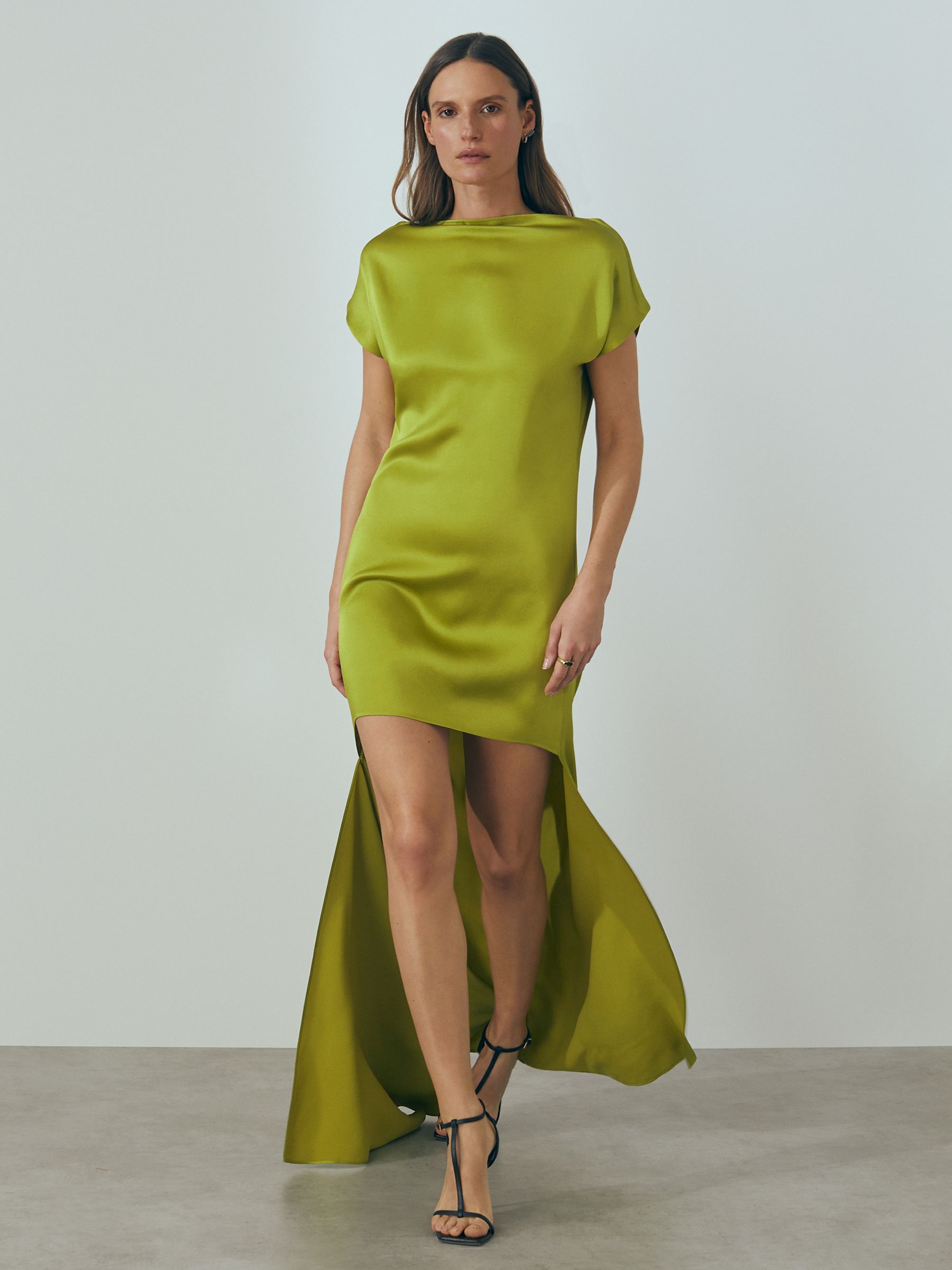 Atelier Italian Satin High-Low Mini Dress in Green - Image 1 of 6