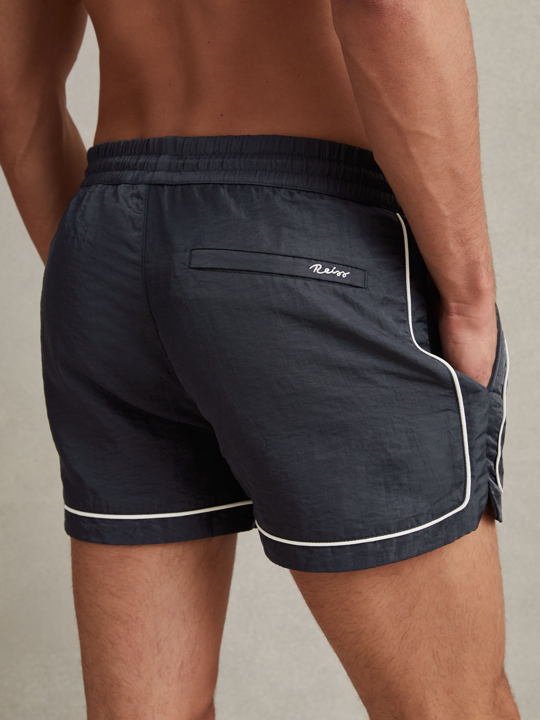 Piped Drawstring Swim Shorts in Navy - Image 5 of 6