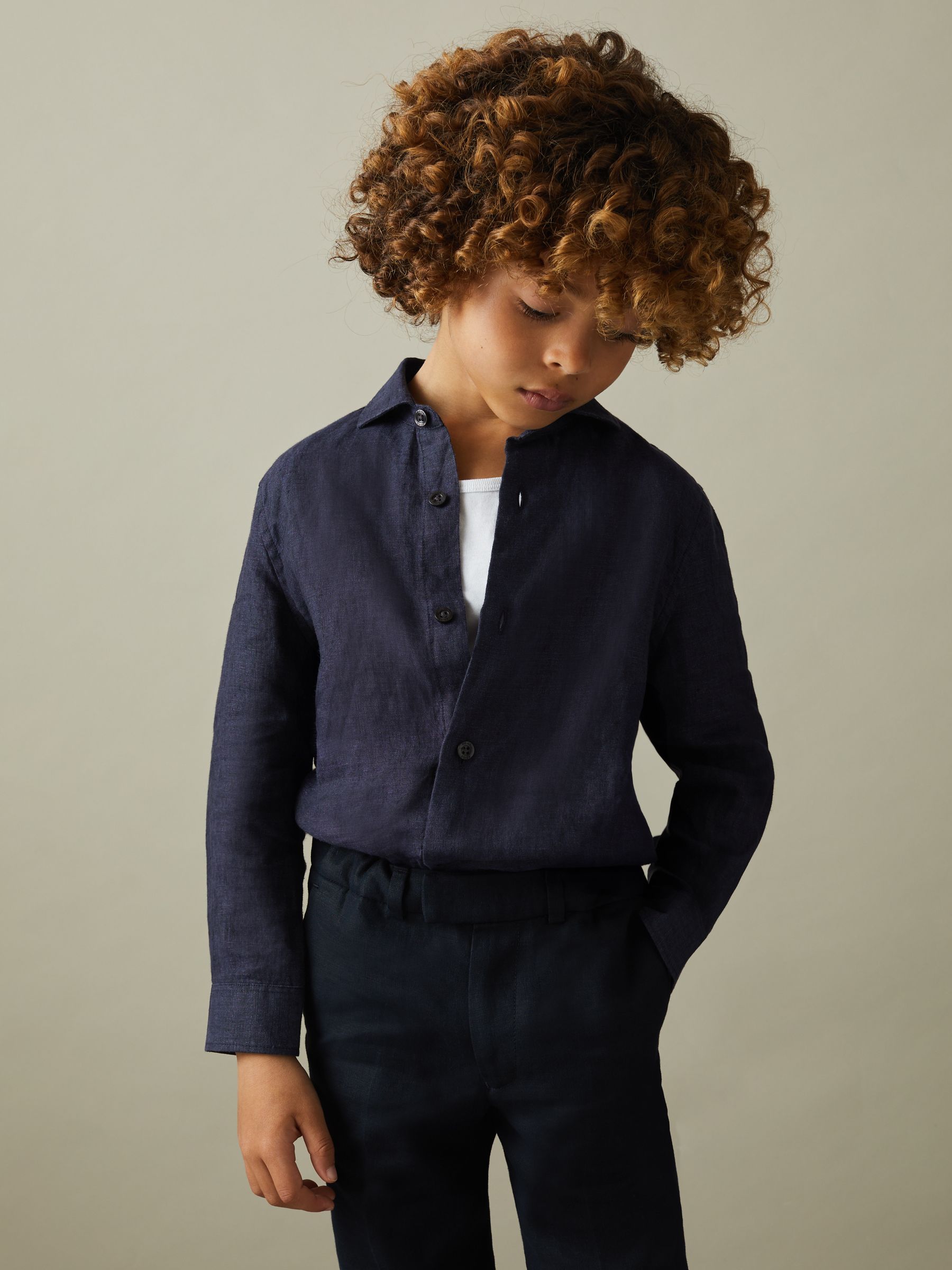 13-14 yrs Linen Cutaway Collar Shirt in Navy - Image 4 of 5