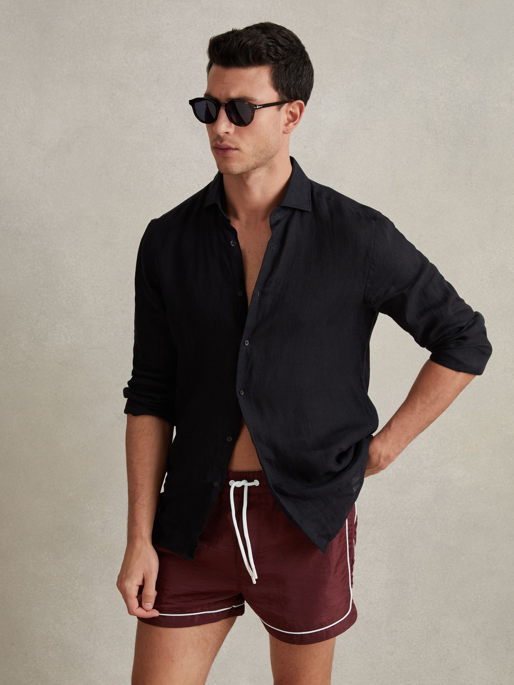 Piped Drawstring Swim Shorts in Brick Red - Image 3 of 7