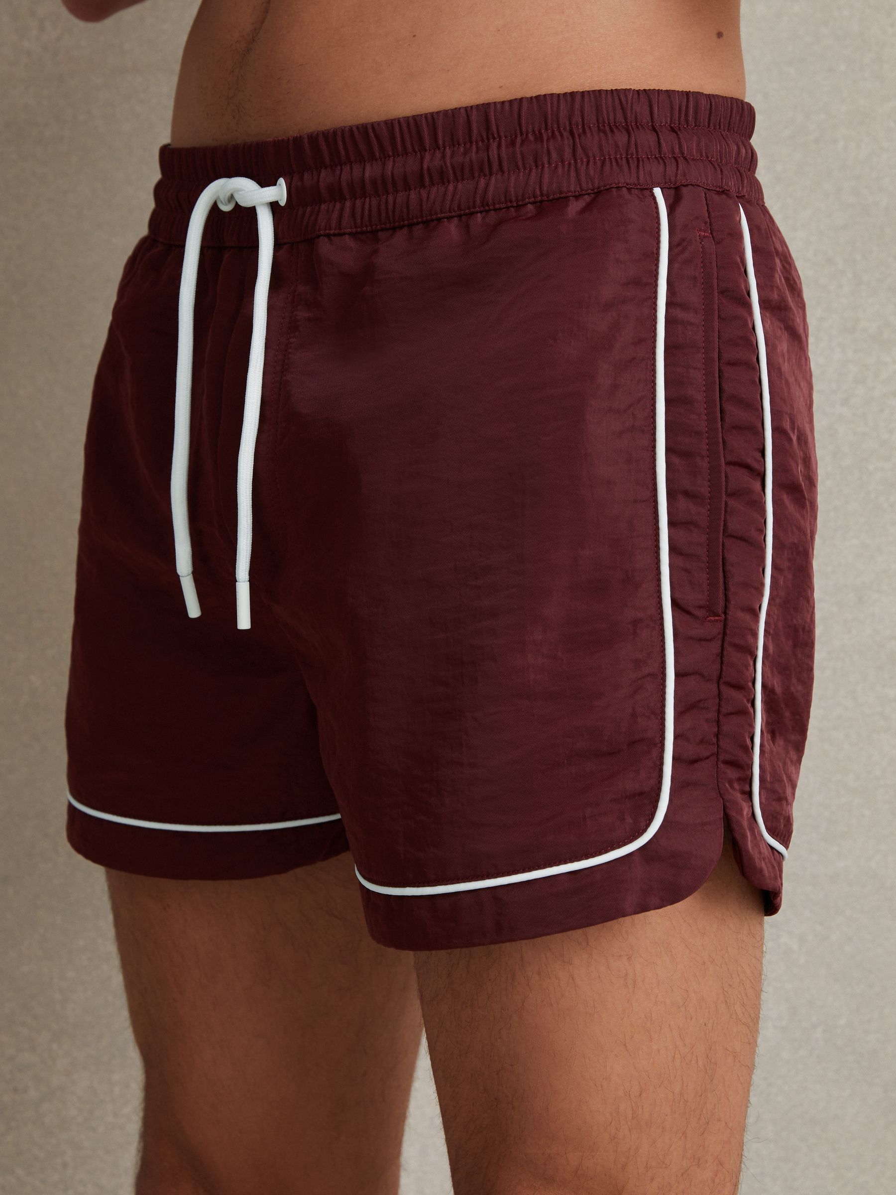 Piped Drawstring Swim Shorts in Brick Red - Image 4 of 7