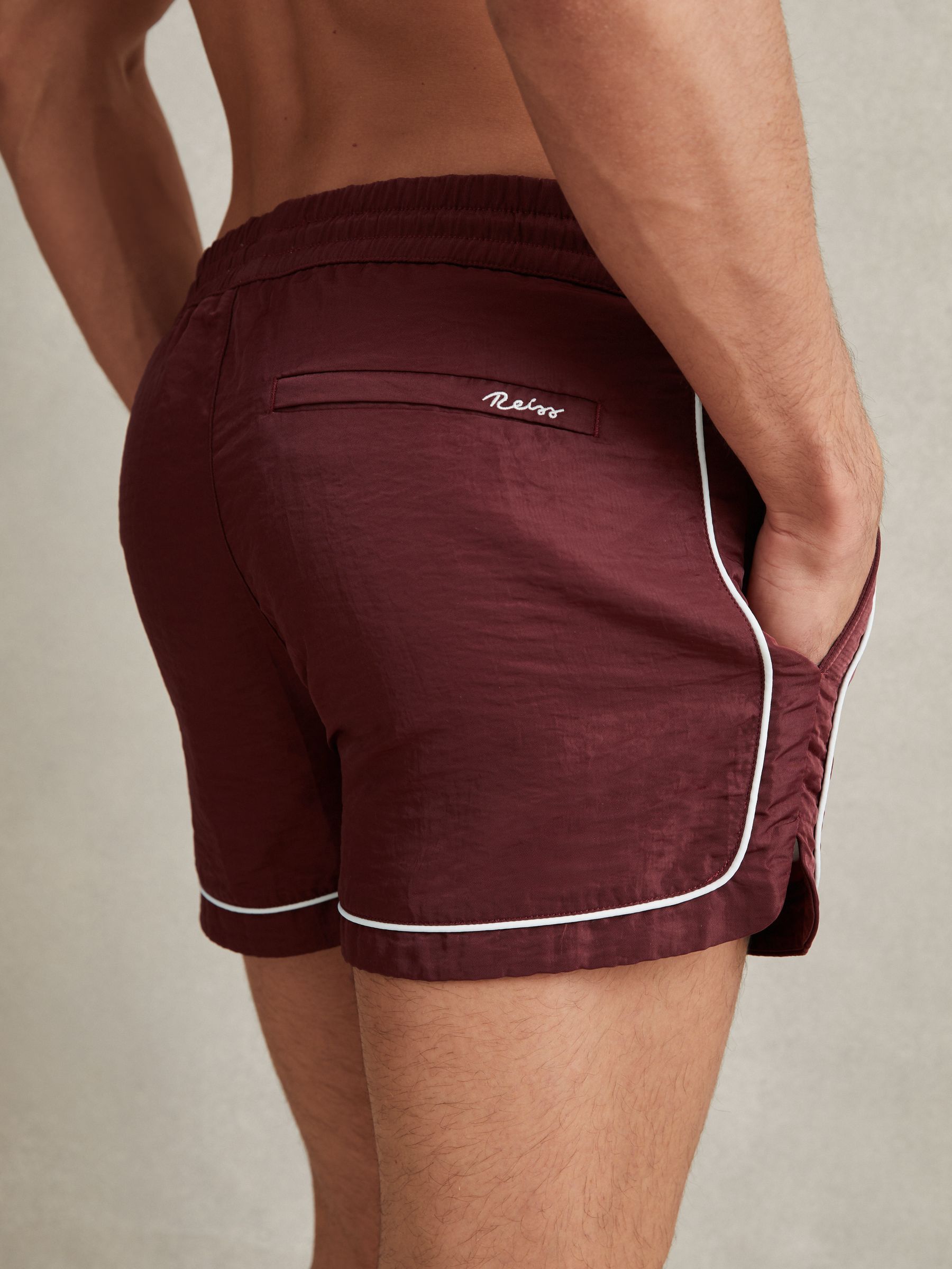 Piped Drawstring Swim Shorts in Brick Red - Image 5 of 7