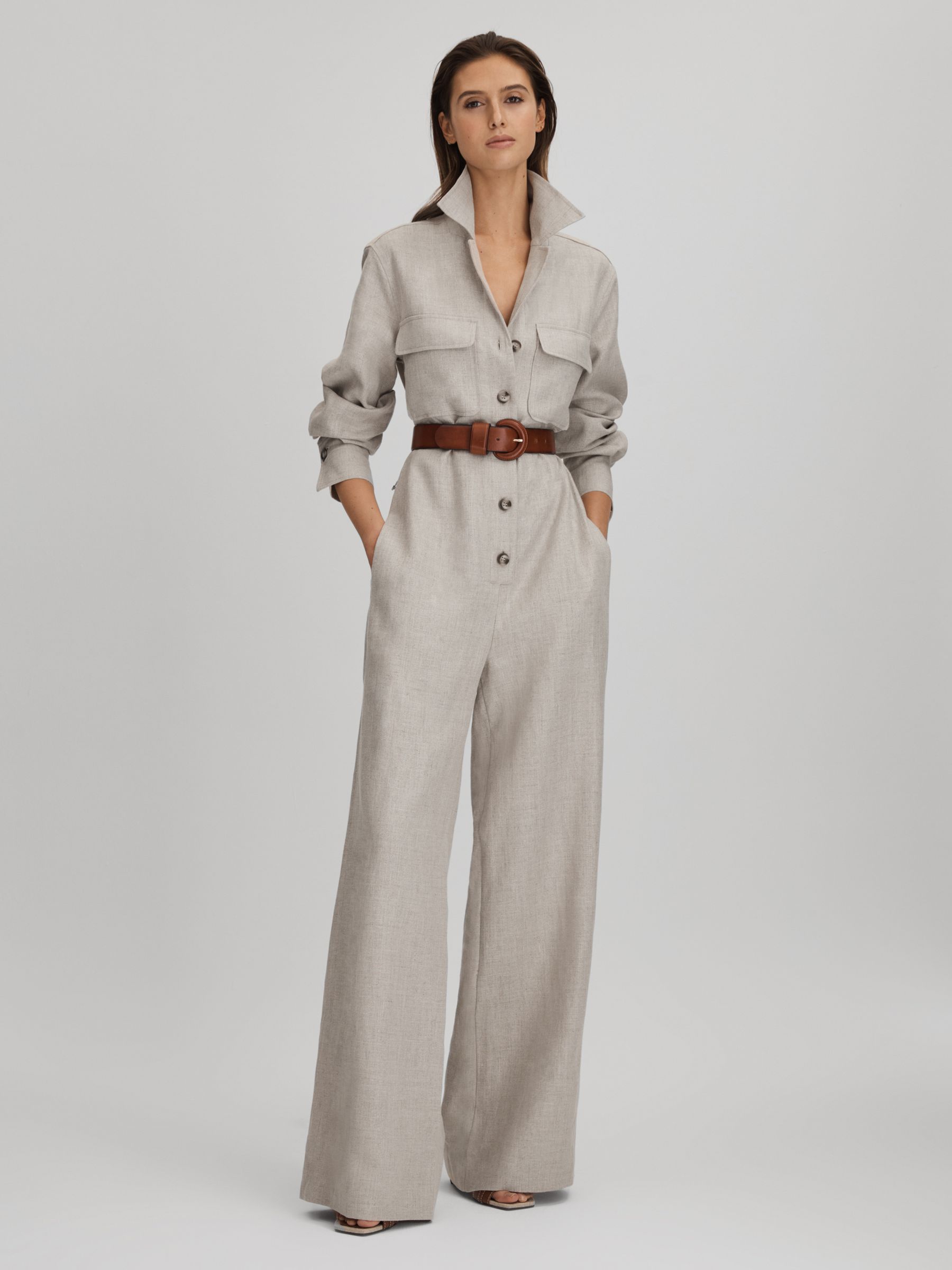 Linen Wide Leg Jumpsuit in Neutral - Image 3 of 8