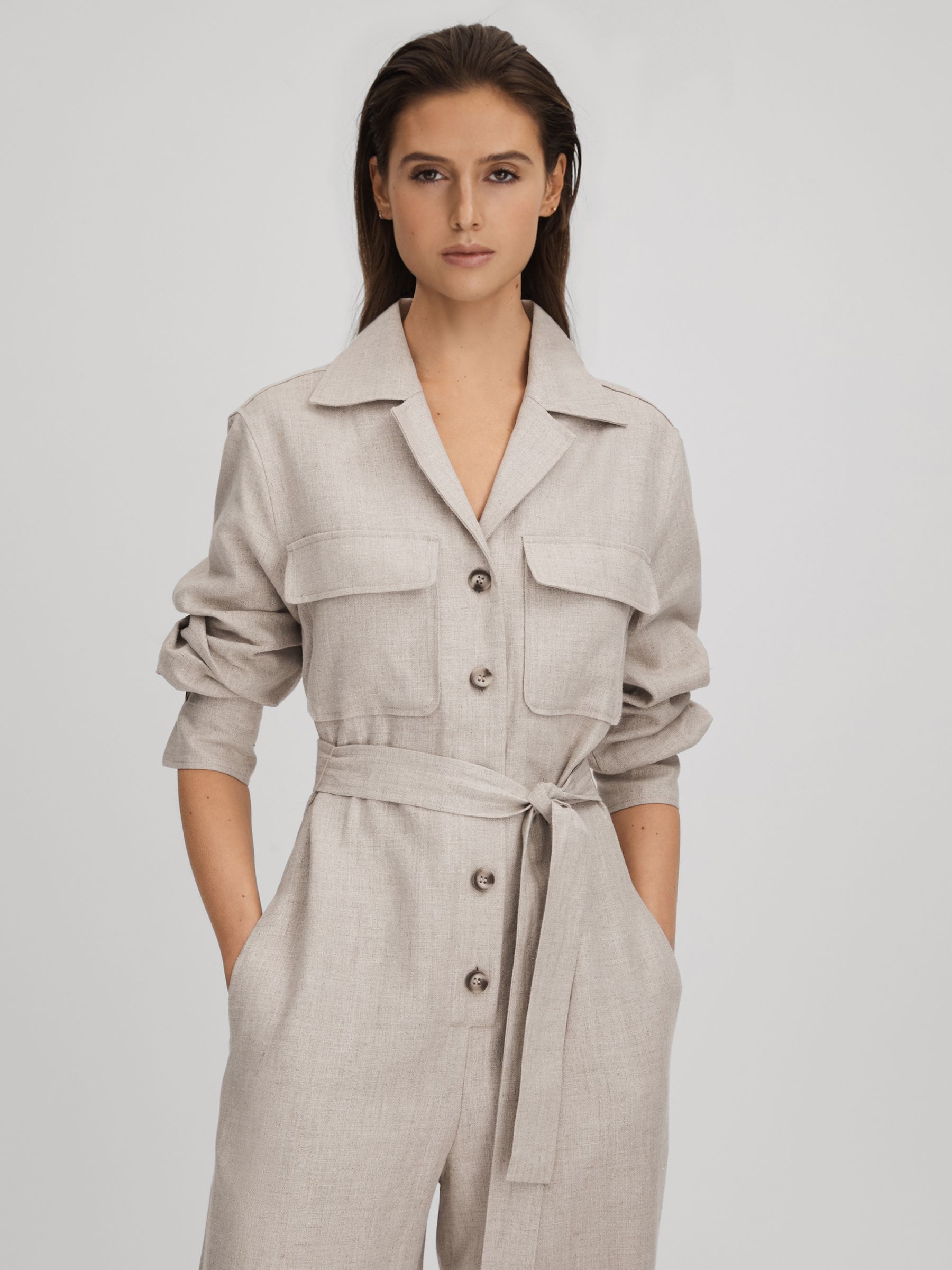 Linen Wide Leg Jumpsuit in Neutral - Image 6 of 8