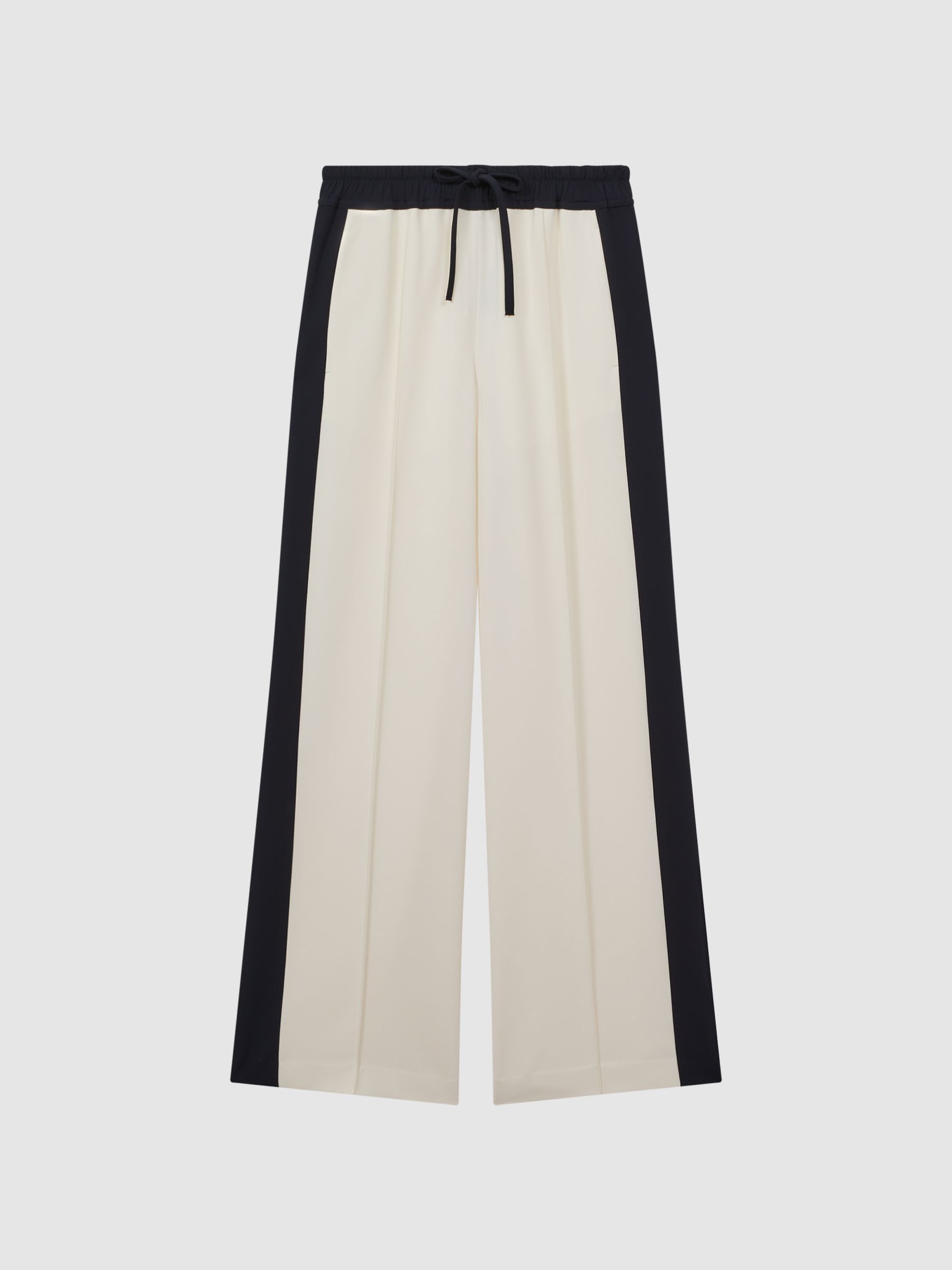 Petite Wide Leg Contrast Stripe Drawstring Trousers in Cream - Image 2 of 7
