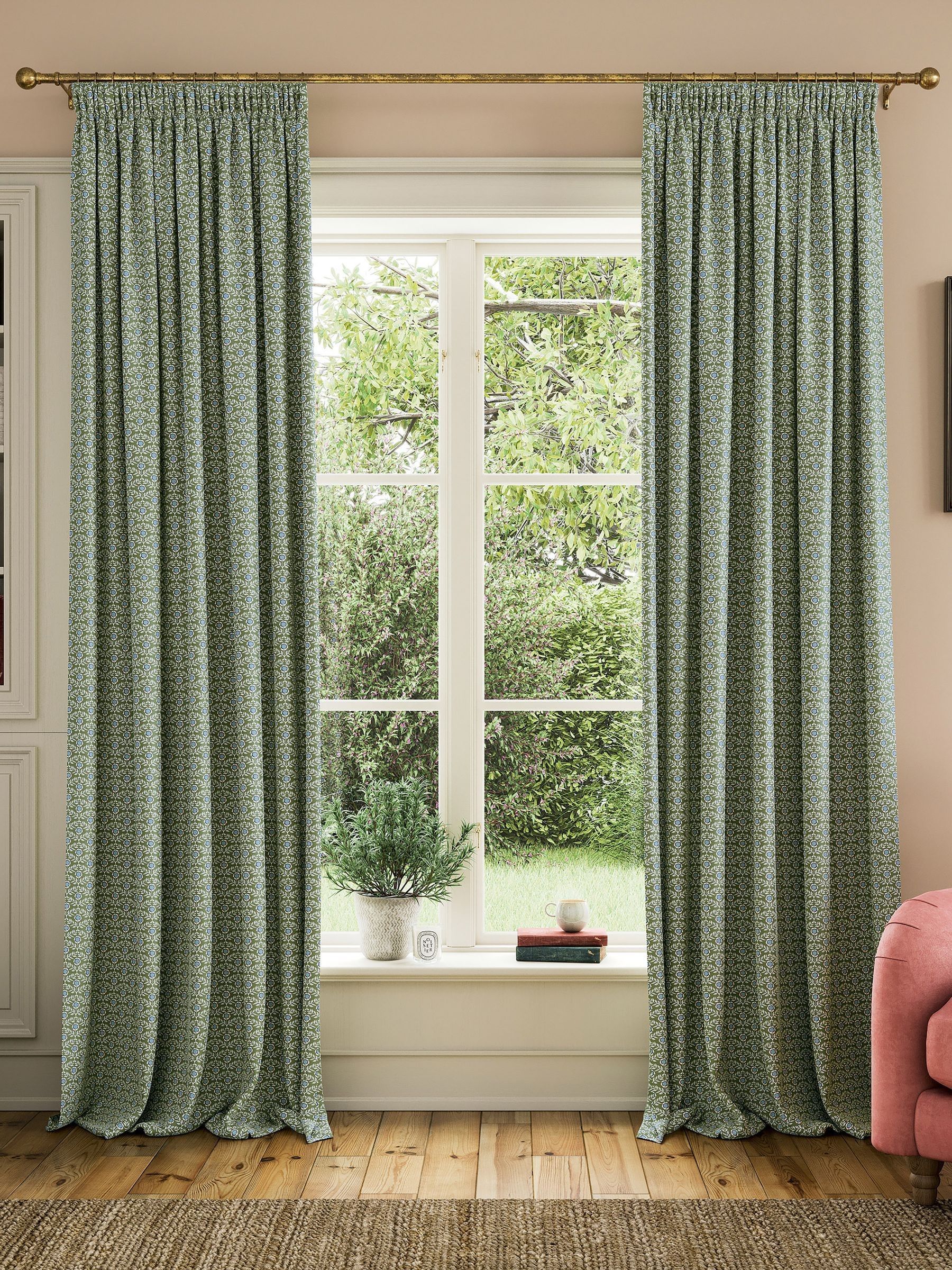 Green Floral Foulard Lined Pencil Pleat Curtains - Image 1 of 1 Green Floral Foulard Lined Pencil Pleat Curtains - Image 1 of 1