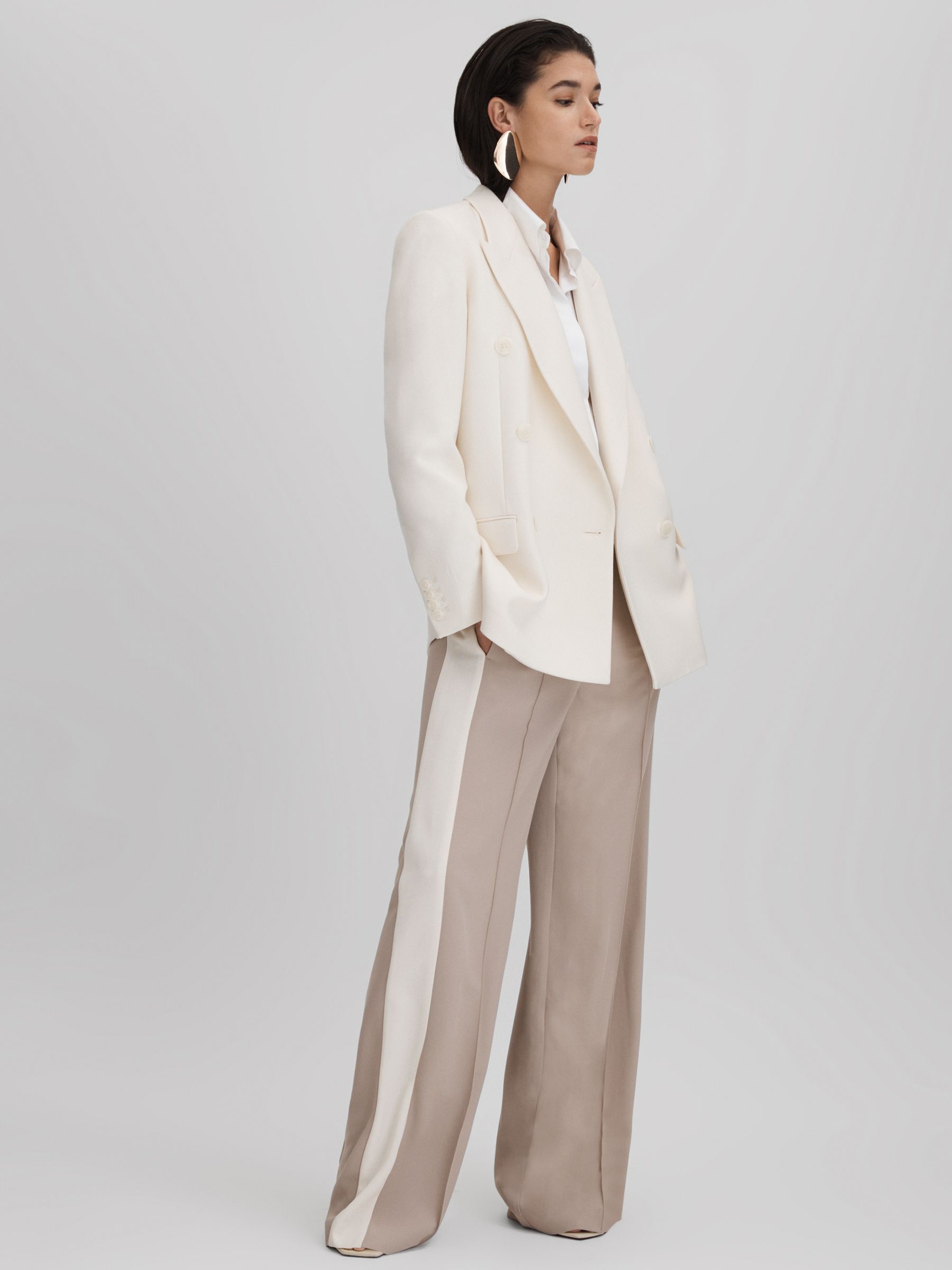 Petite Wide Leg Contrast Stripe Drawstring Trousers in Natural - Image 1 of 7