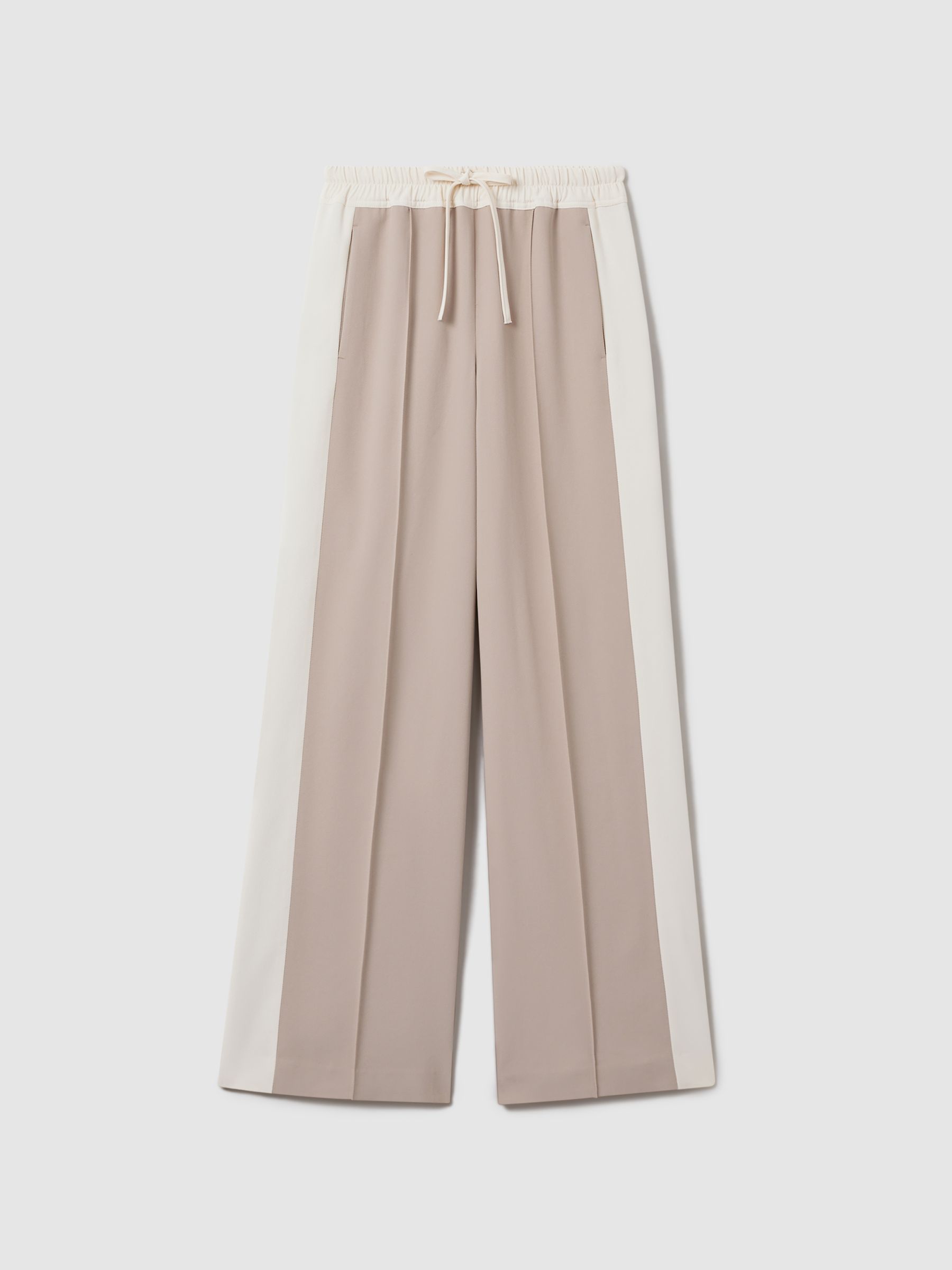 Petite Wide Leg Contrast Stripe Drawstring Trousers in Natural - Image 2 of 7