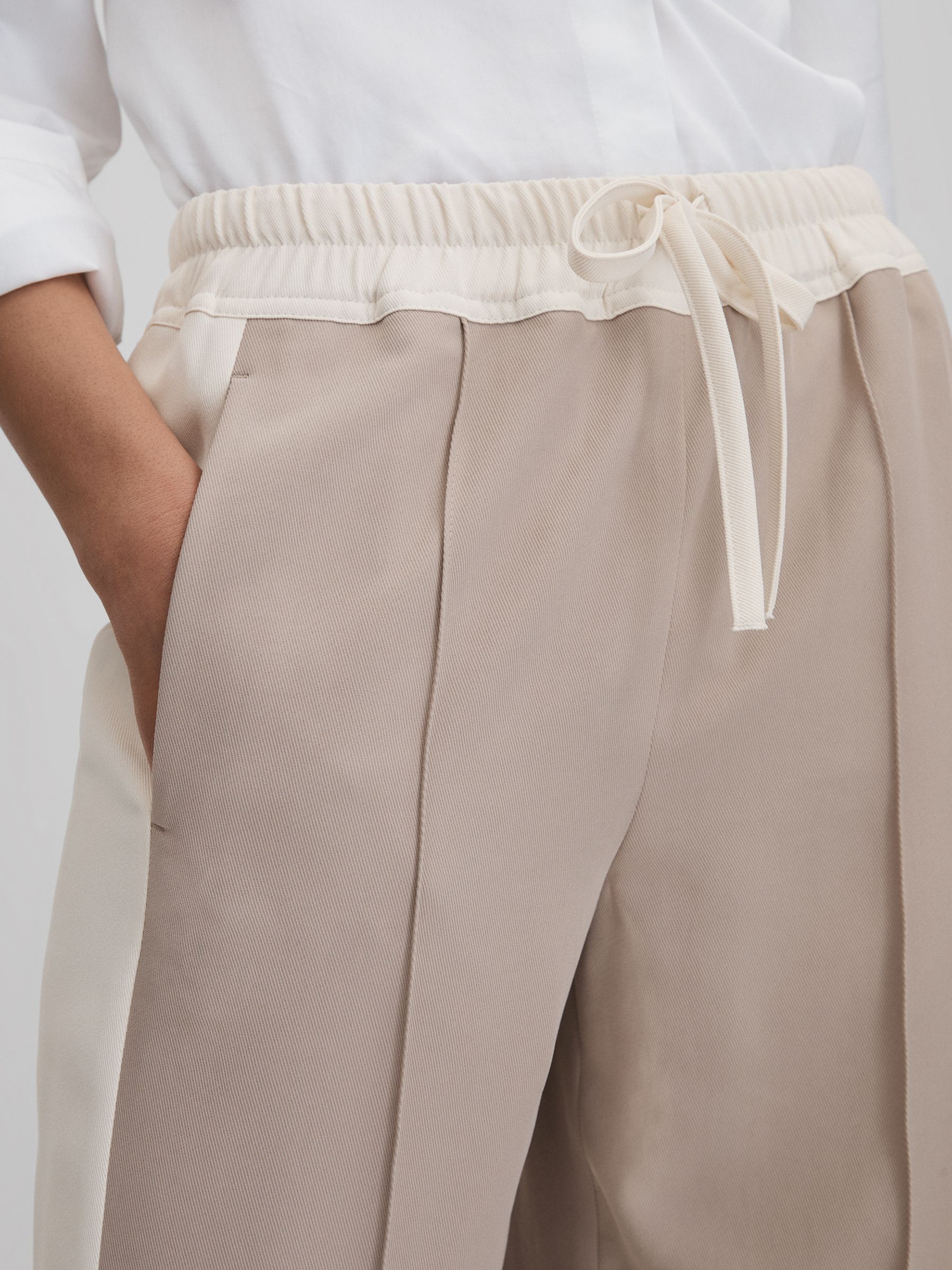 Petite Wide Leg Contrast Stripe Drawstring Trousers in Natural - Image 4 of 7